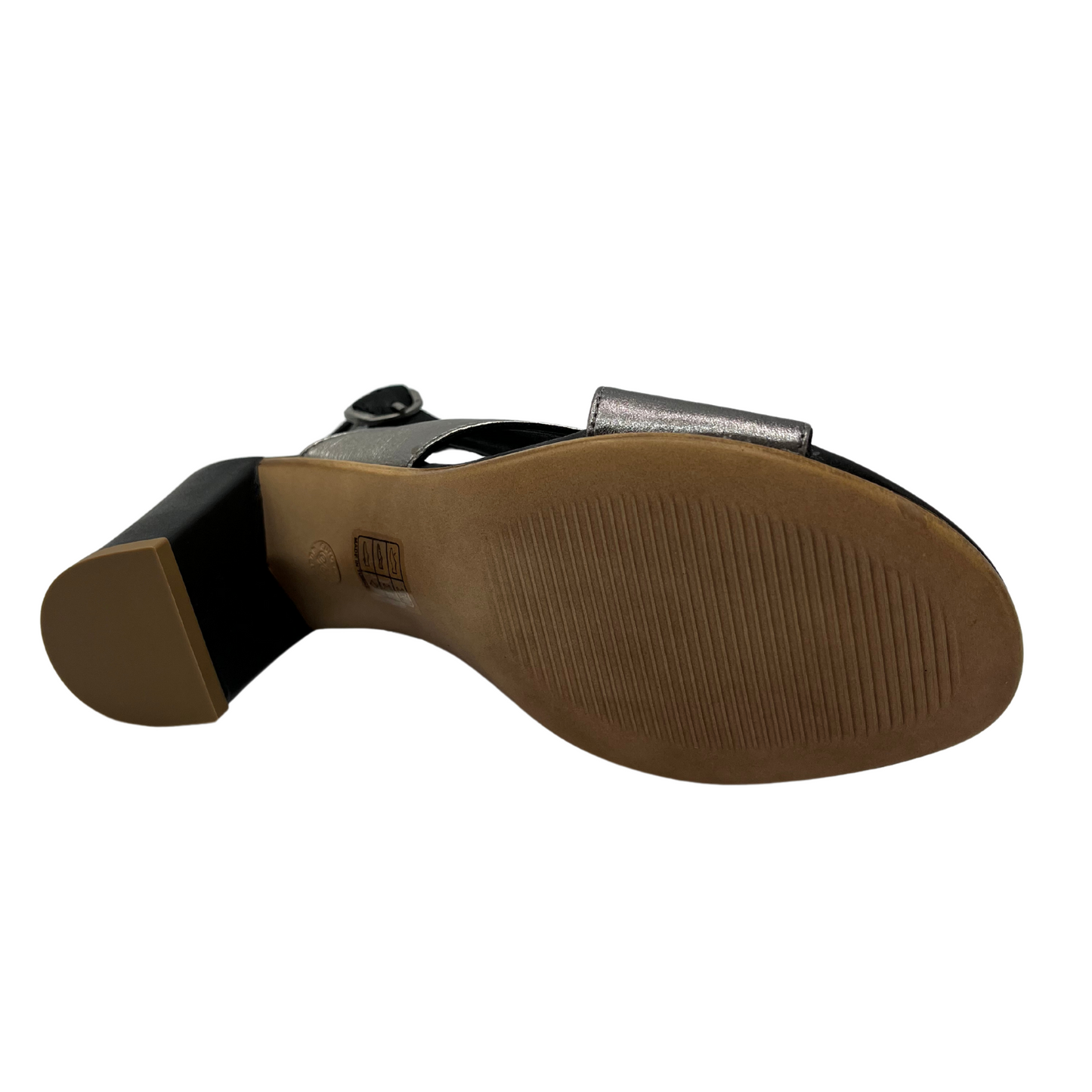 Bottom view of black and silver sandal with block heel and slingback strap