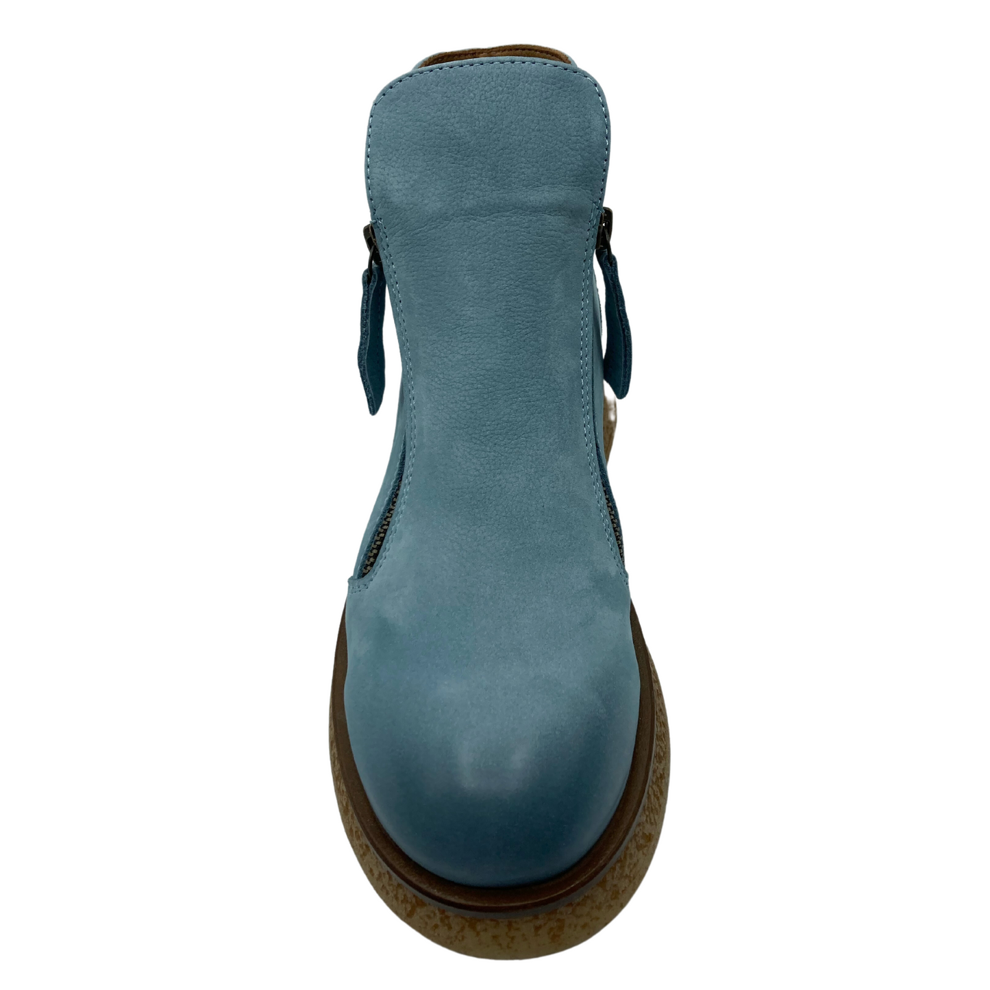 Top view of sky blue ankle boot with rounded toe and platform outsole