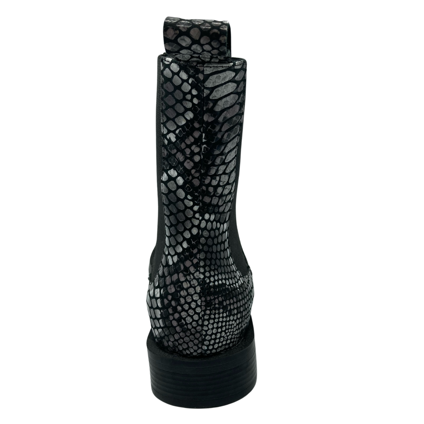 Back view of snake print leather short boot with block heel