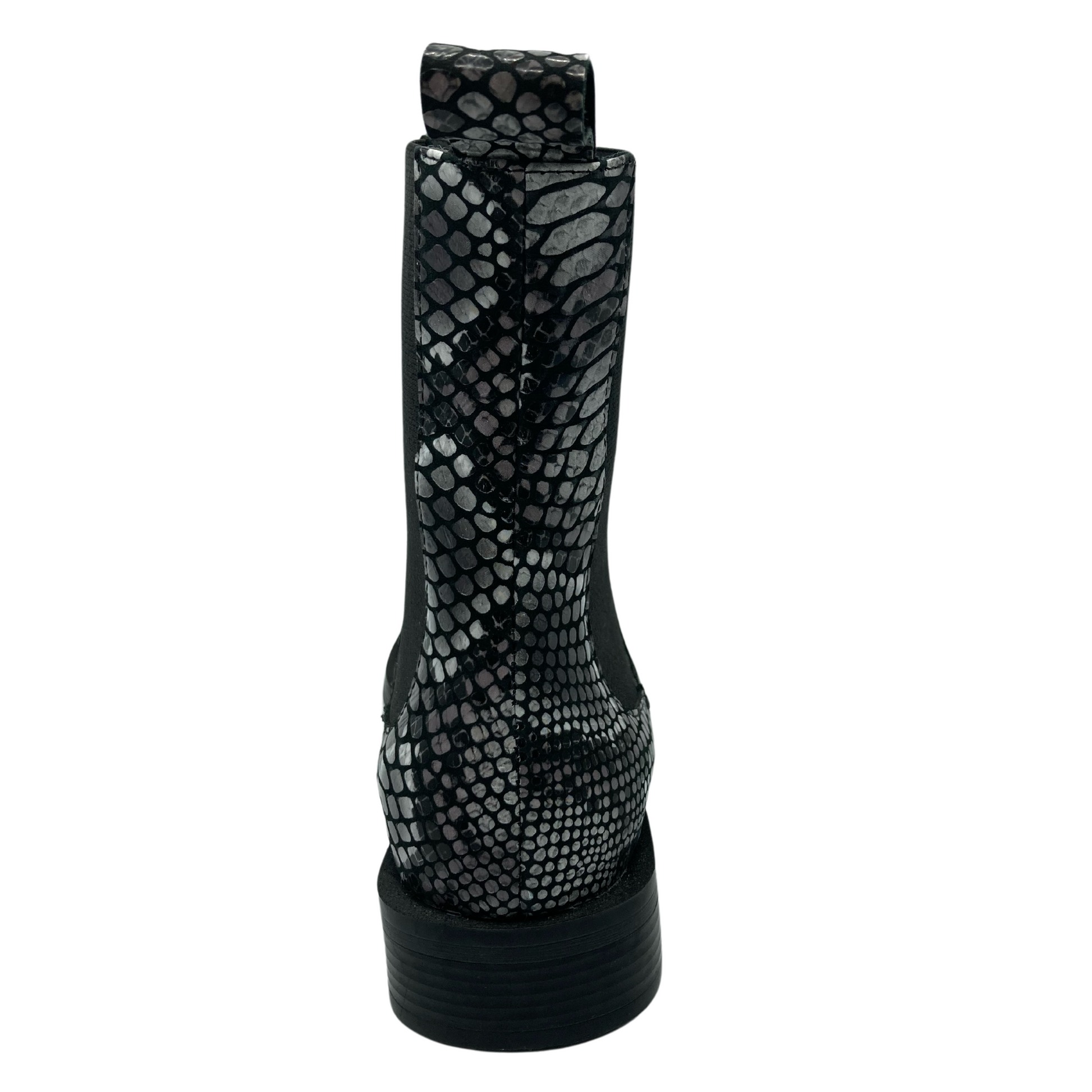 Back view of snake print leather short boot with block heel