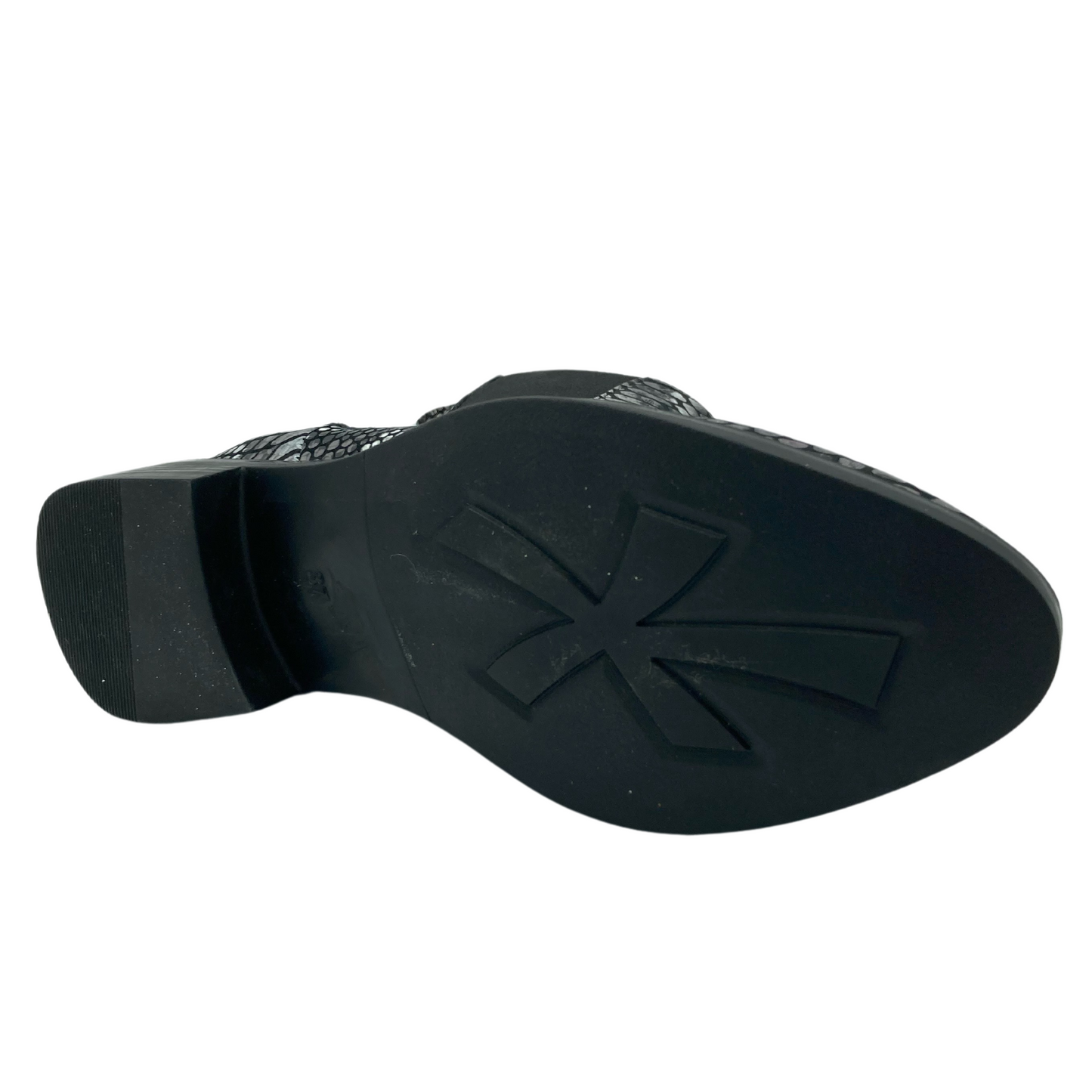 Bottom view of leather short boot with short block heel and black rubber outsole