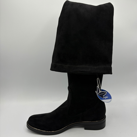 Left facing view of a tall black boot on a white background