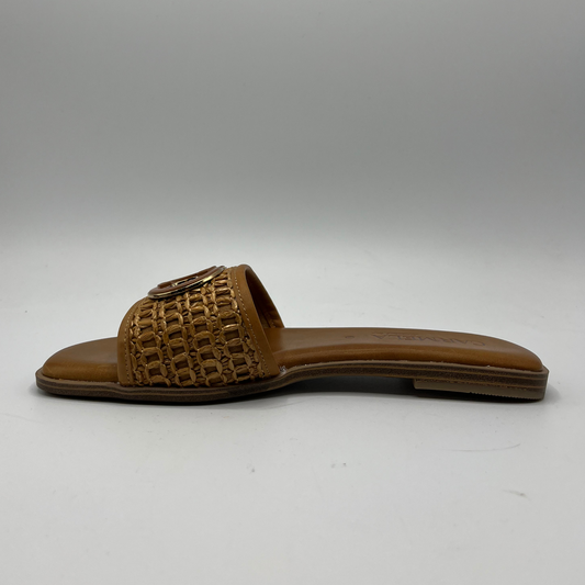 Left facing view of a flat leather lined sandal with a chain pattern on the strap as well as decorative branding.
