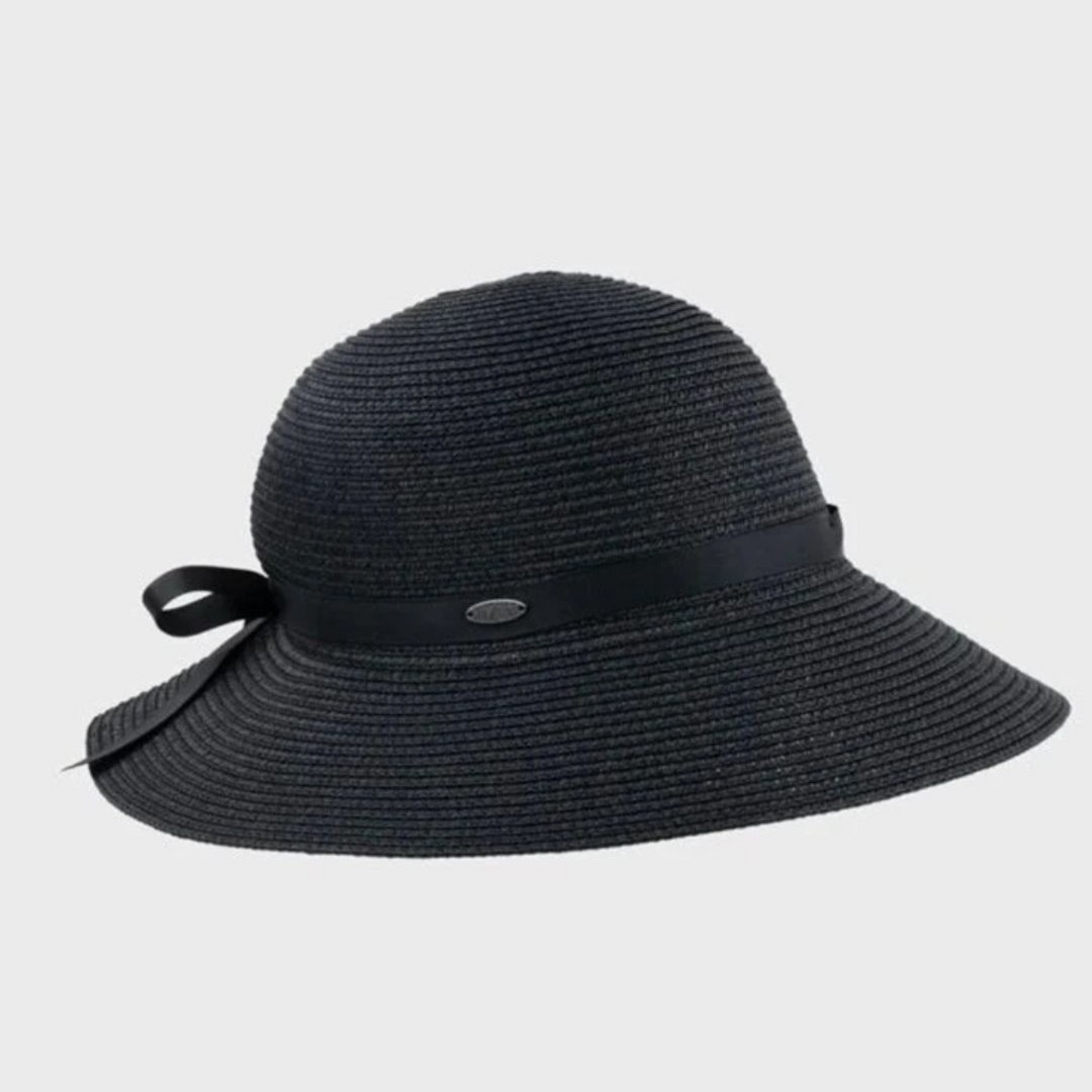 Side view of a black woven sun hat with a black ribbon bow on the back.