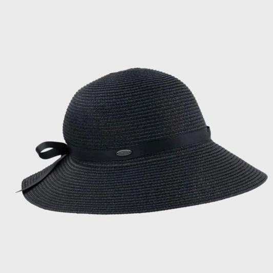 Side view of a black woven sun hat with a black ribbon bow on the back.