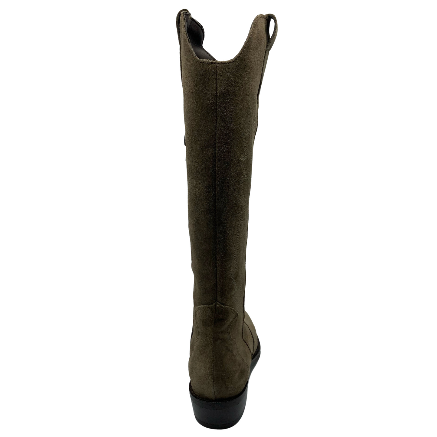 Back view of tall sand coloured cowboy boot with low heel