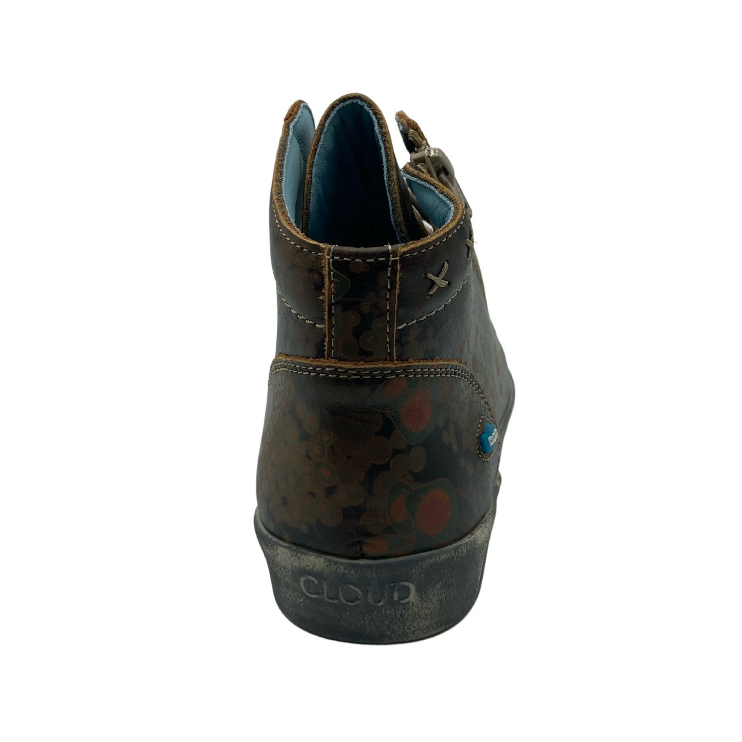 Back view of brown leather sneaker with grey rubber outsole and blue inner lining