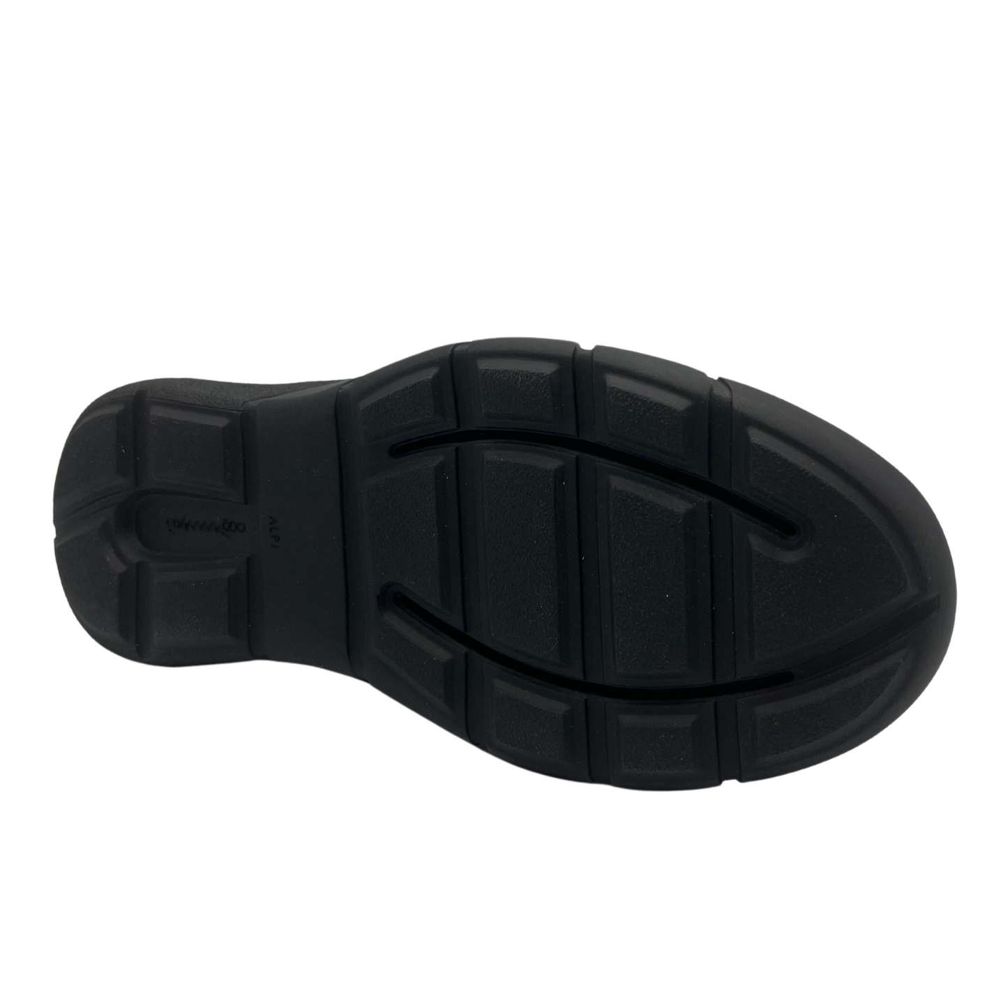 Bottom view of blue multi leather sneaker with elastic laces, black outsole and pull on heel tab.