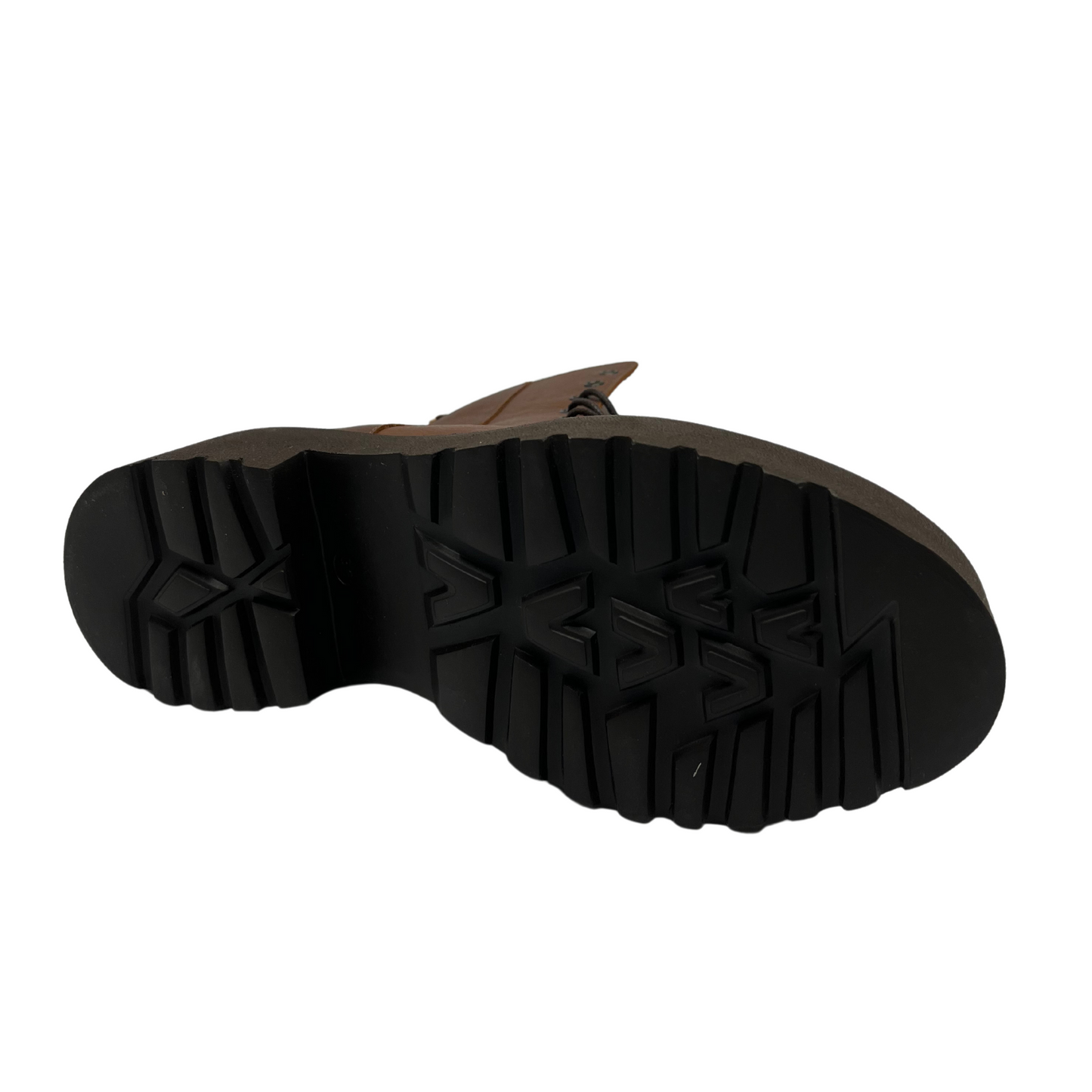 Bottom view of brown leather short boot with lug rubbed outsole, dark laces, pull on heel tab and side zipper closure