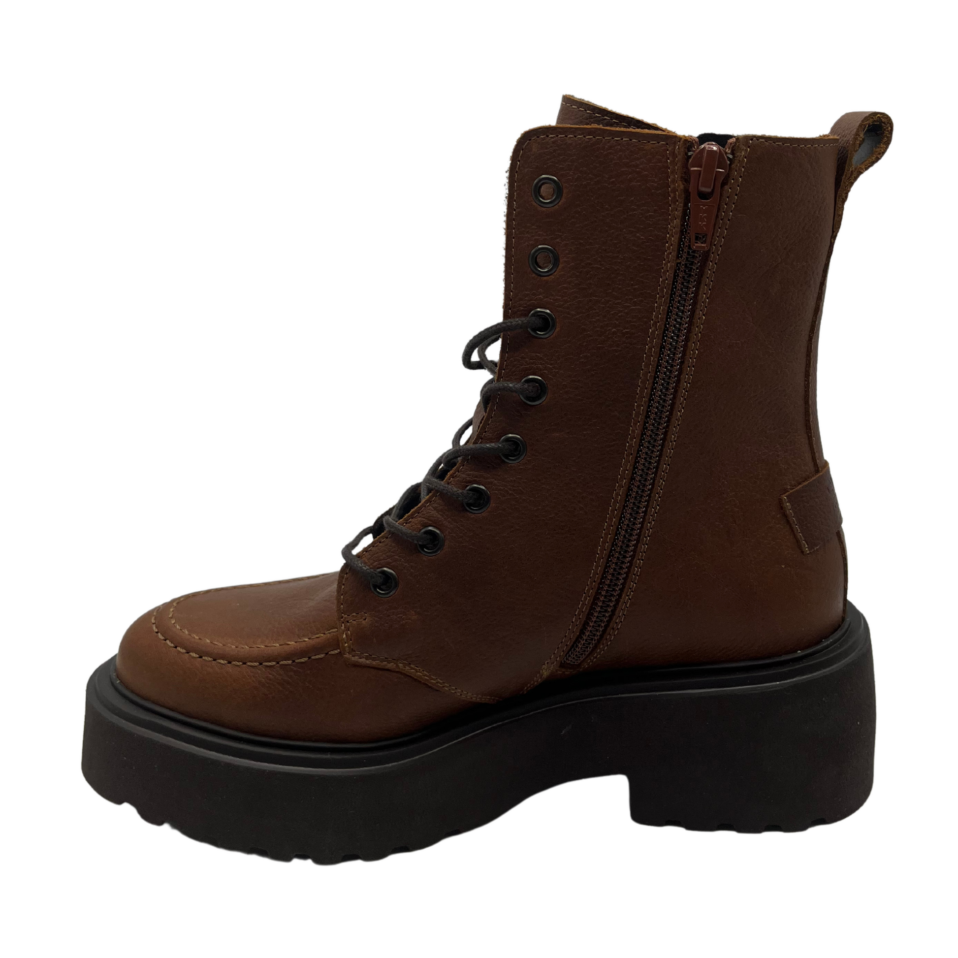Left facing view of brown leather short boot with lug rubbed outsole, dark laces, pull on heel tab and side zipper closure