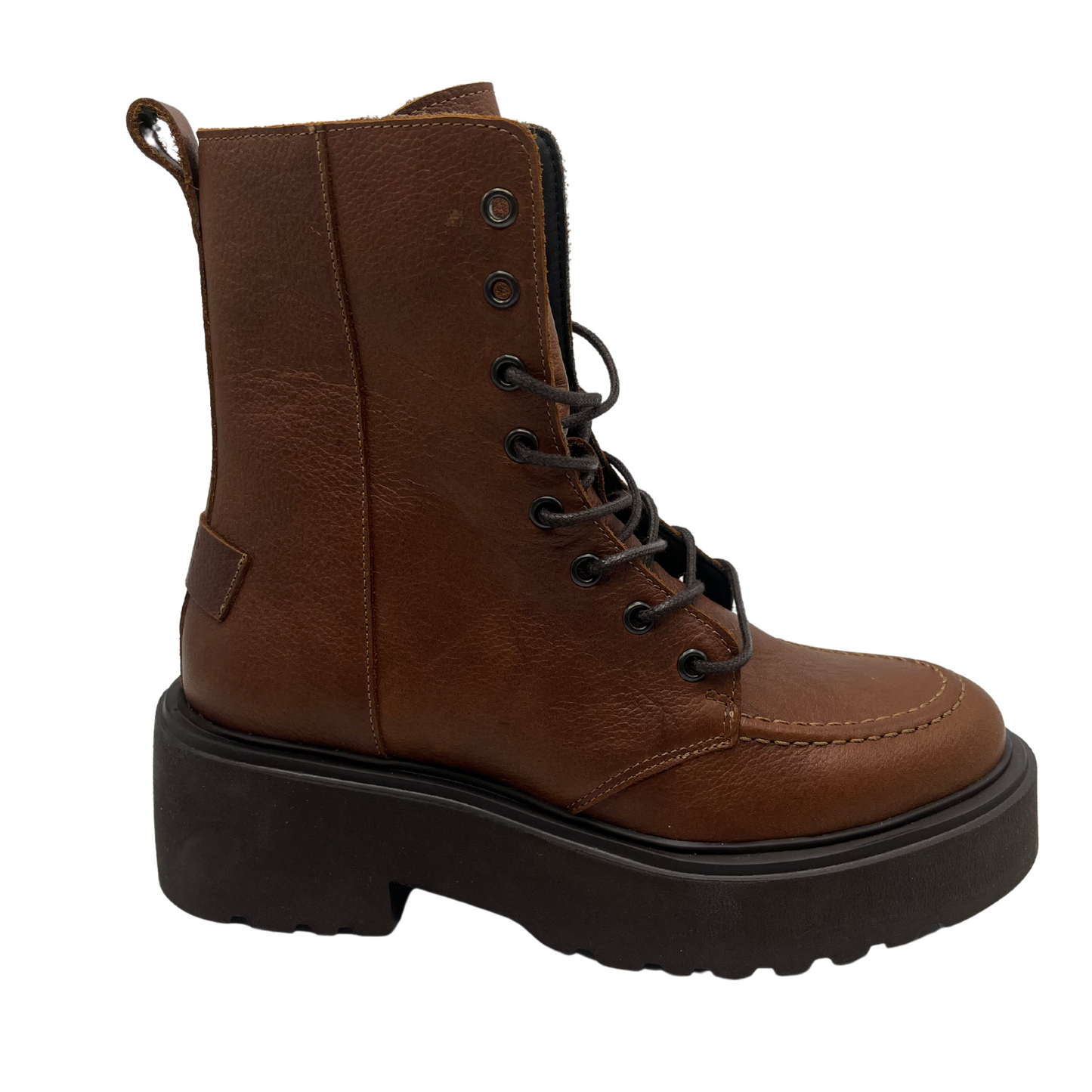 Right facing view of brown leather short boot with lug rubbed outsole, dark laces, pull on heel tab and side zipper closure