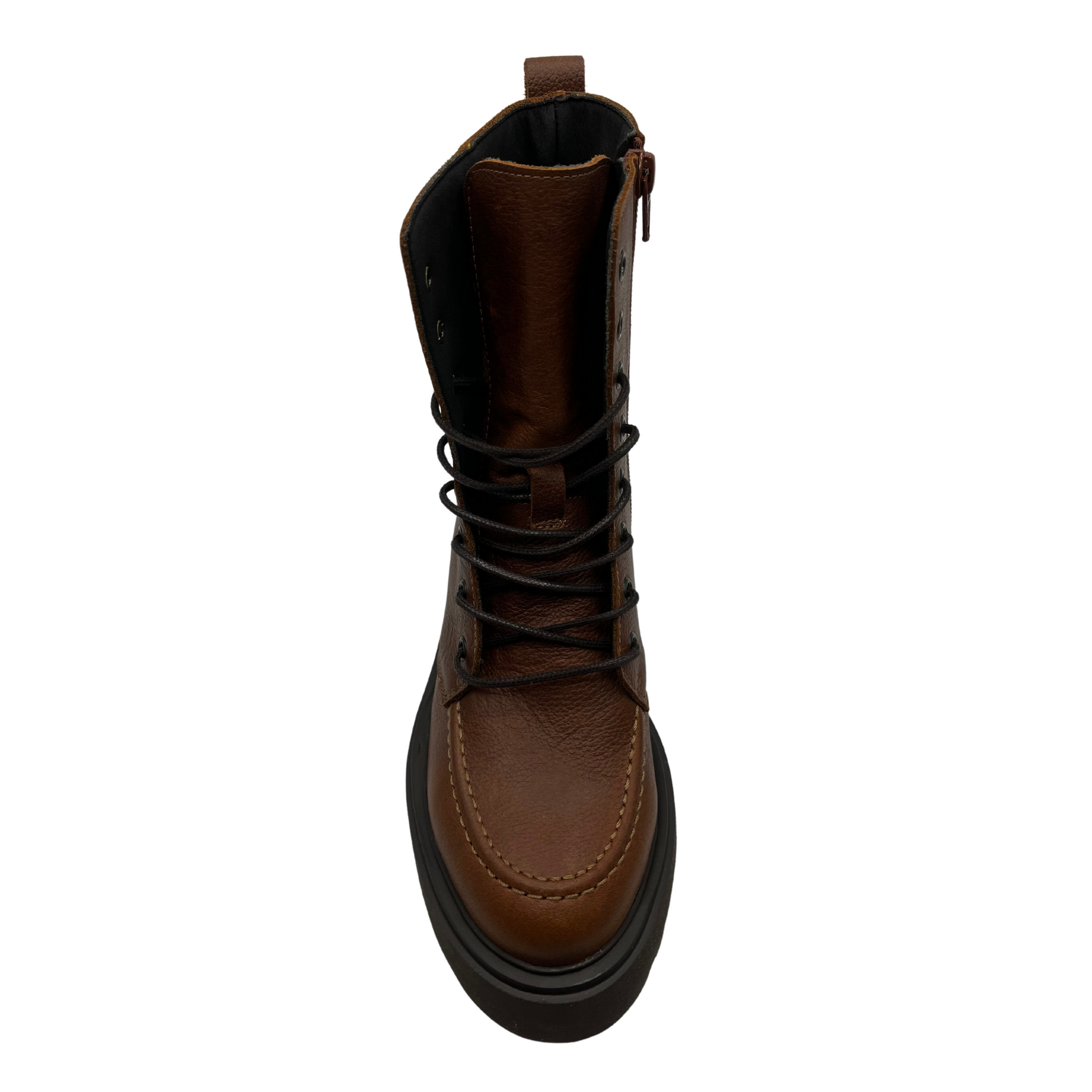 Top view of brown leather short boot with lug rubbed outsole, dark laces, pull on heel tab and side zipper closure