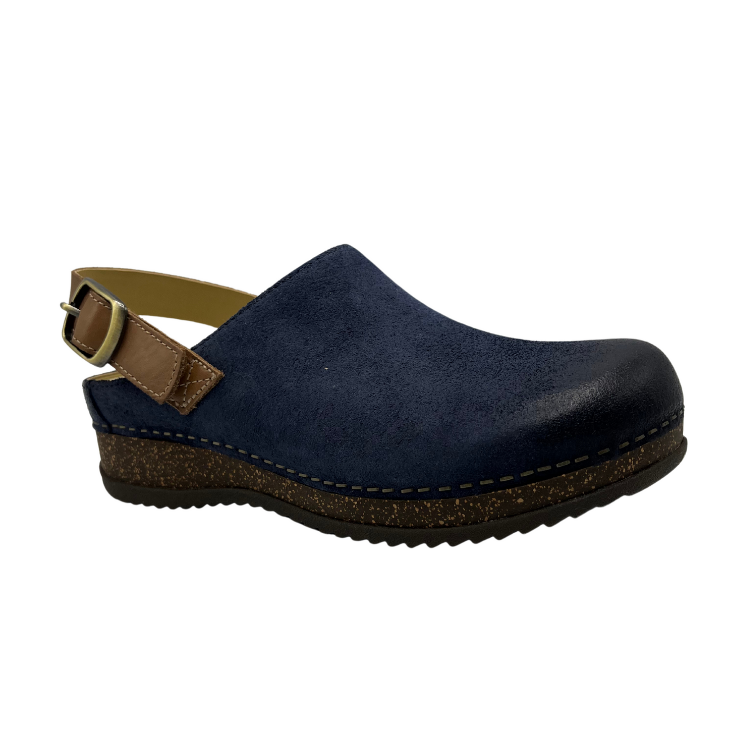 45 degree angled view of blue leather mule with sling back strap and cork outsole