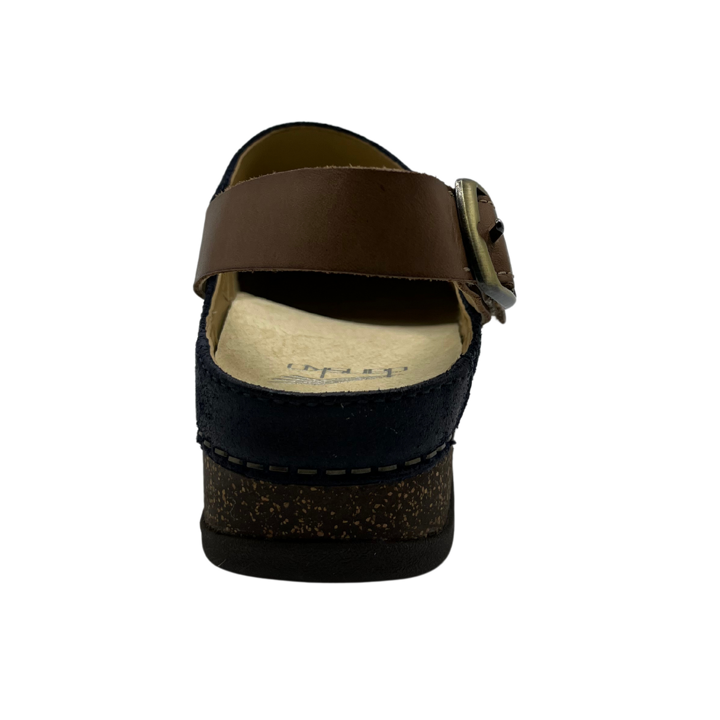 Back view of blue leather mule with sling back strap and cork outsole