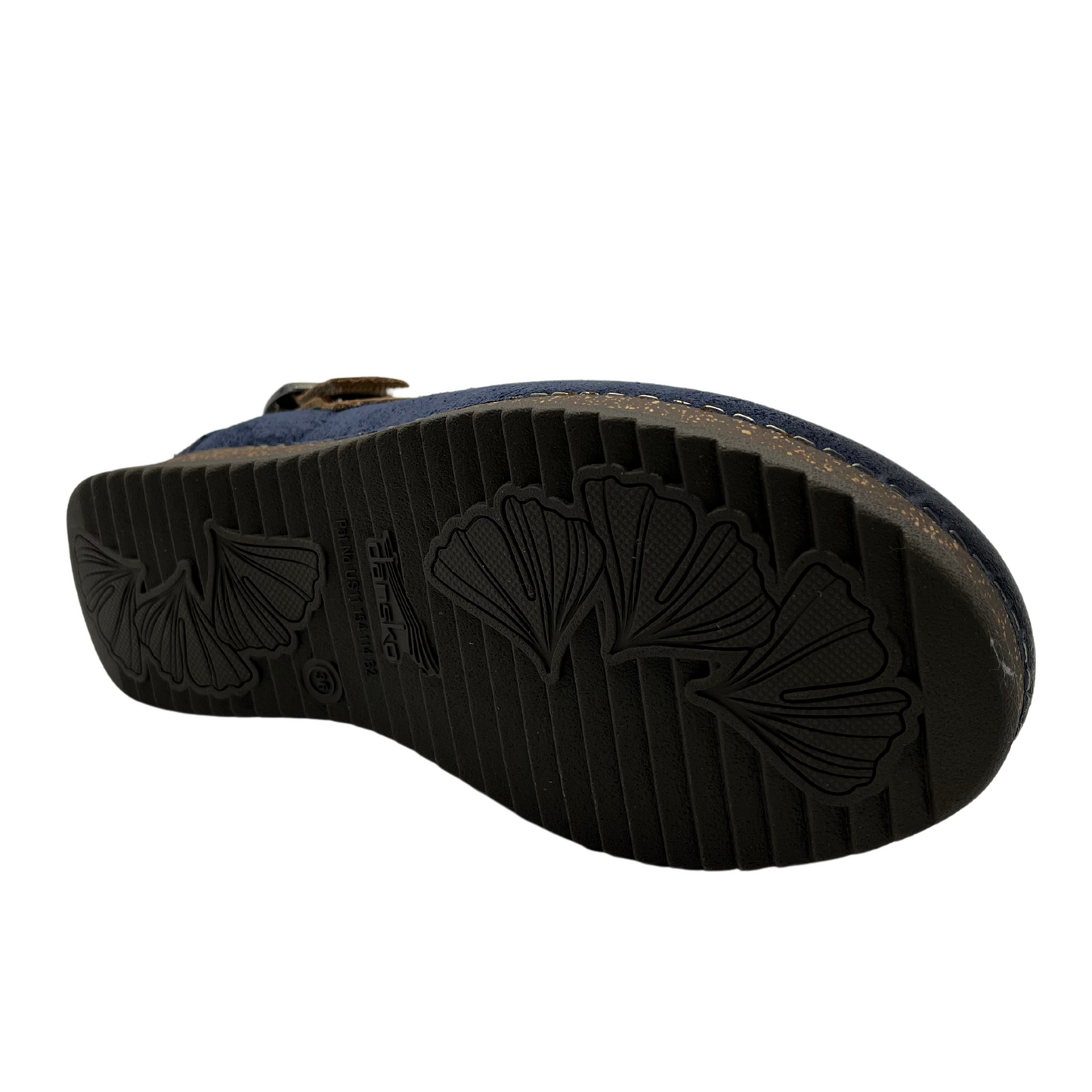 Bottom view of blue leather mule with sling back strap and cork outsole