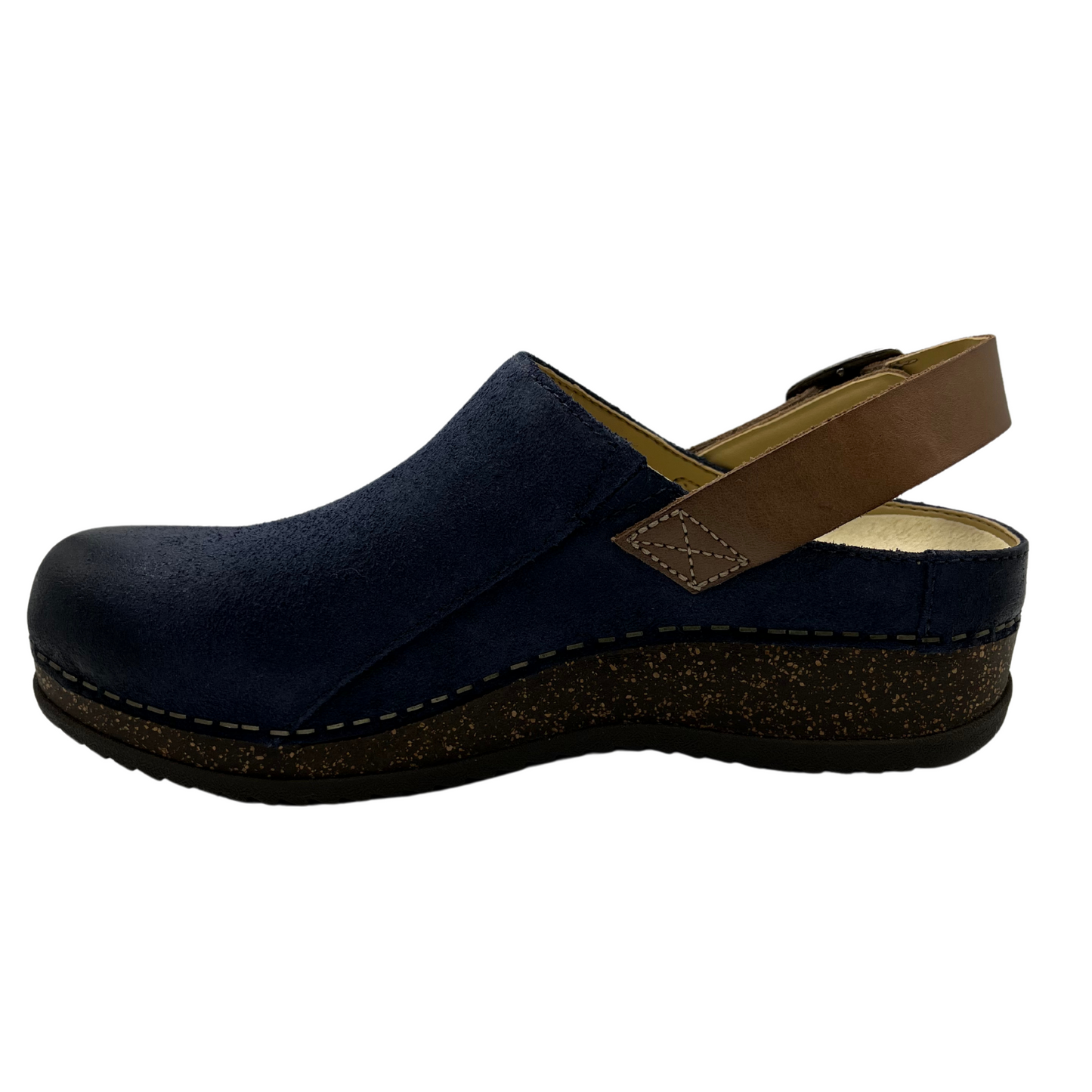 Left facing view of blue leather mule with sling back strap and cork outsole