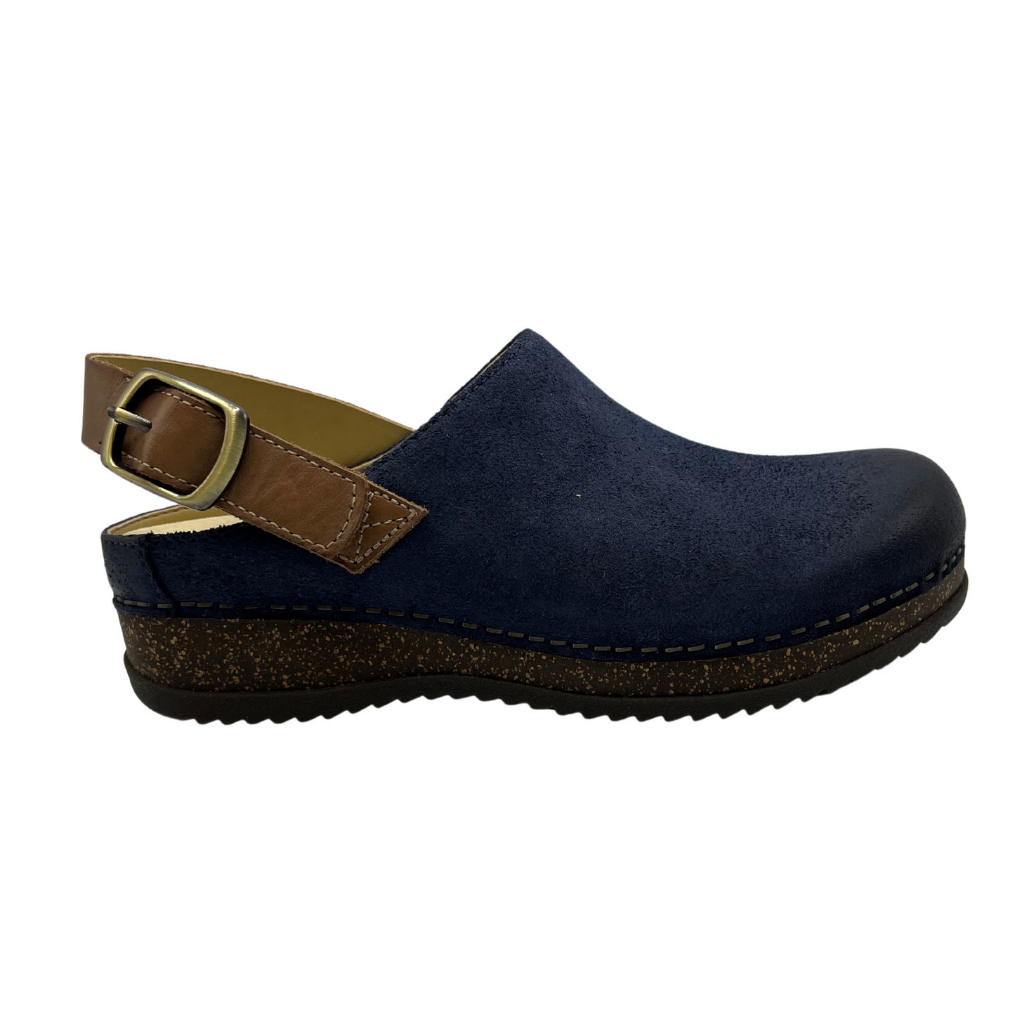 Right facing view of blue leather mule with sling back strap and cork outsole