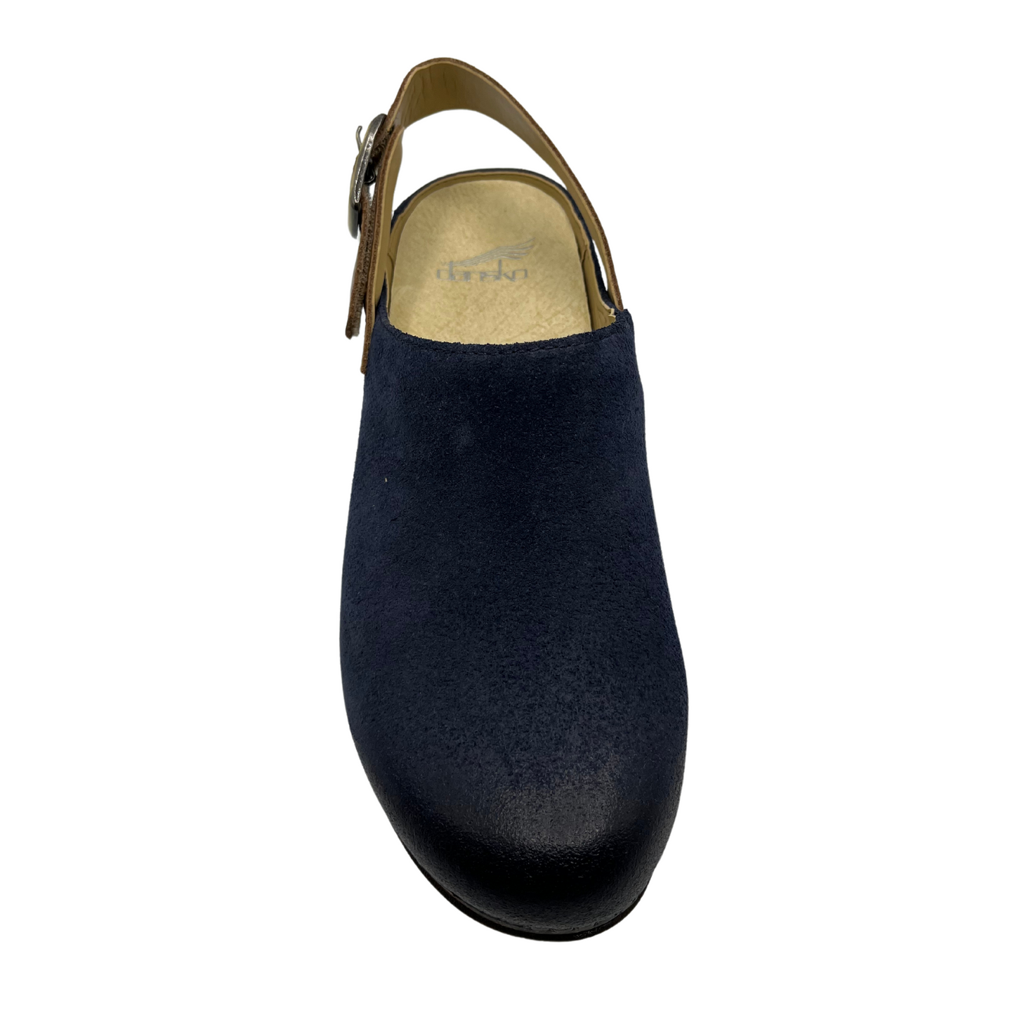 Top view of blue leather mule with sling back strap and cork outsole