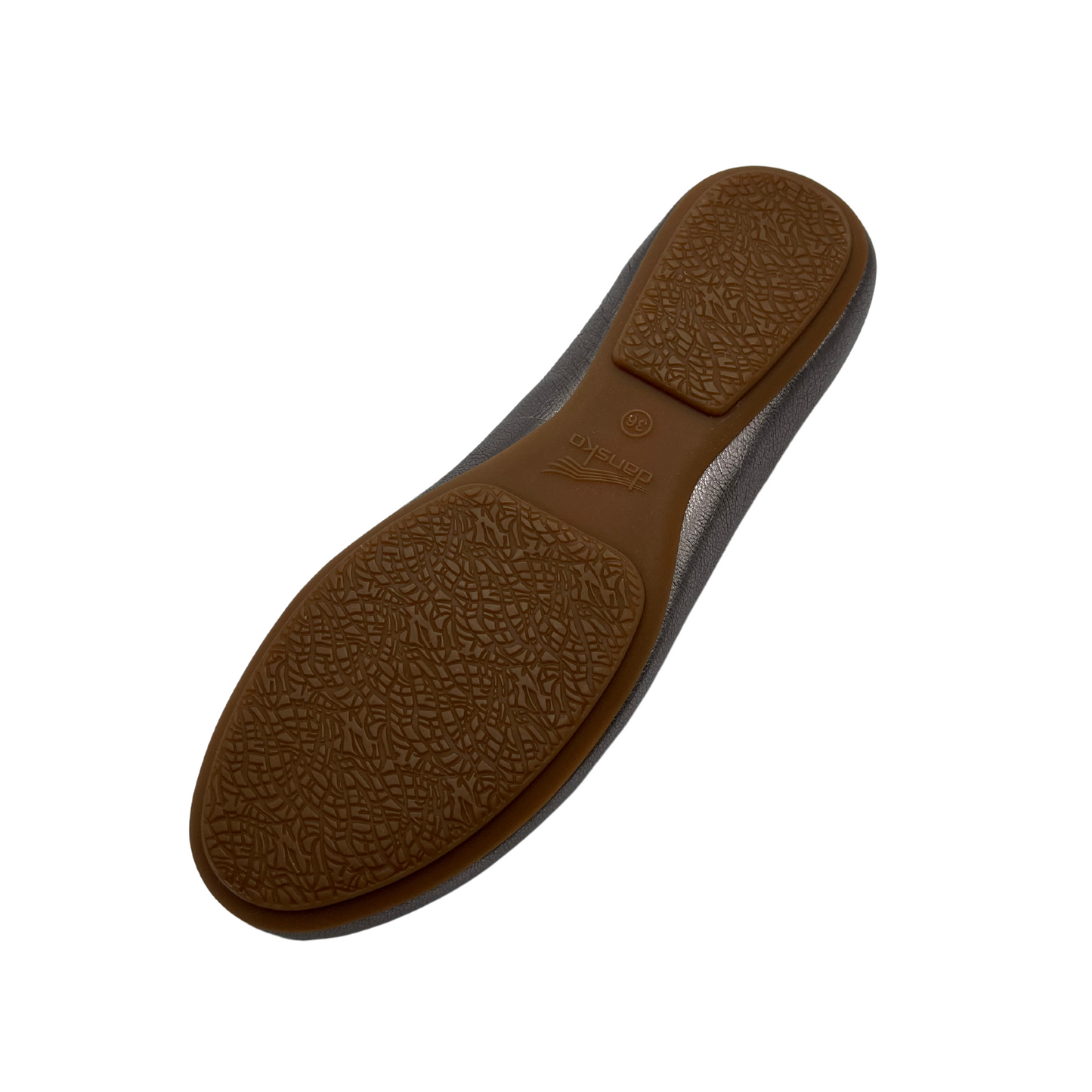 Bottom view of metallic pewter ballet flat with elasticated back and rounded toe