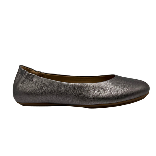 Right facing view of metallic pewter ballet flat with elasticated back and rounded toe