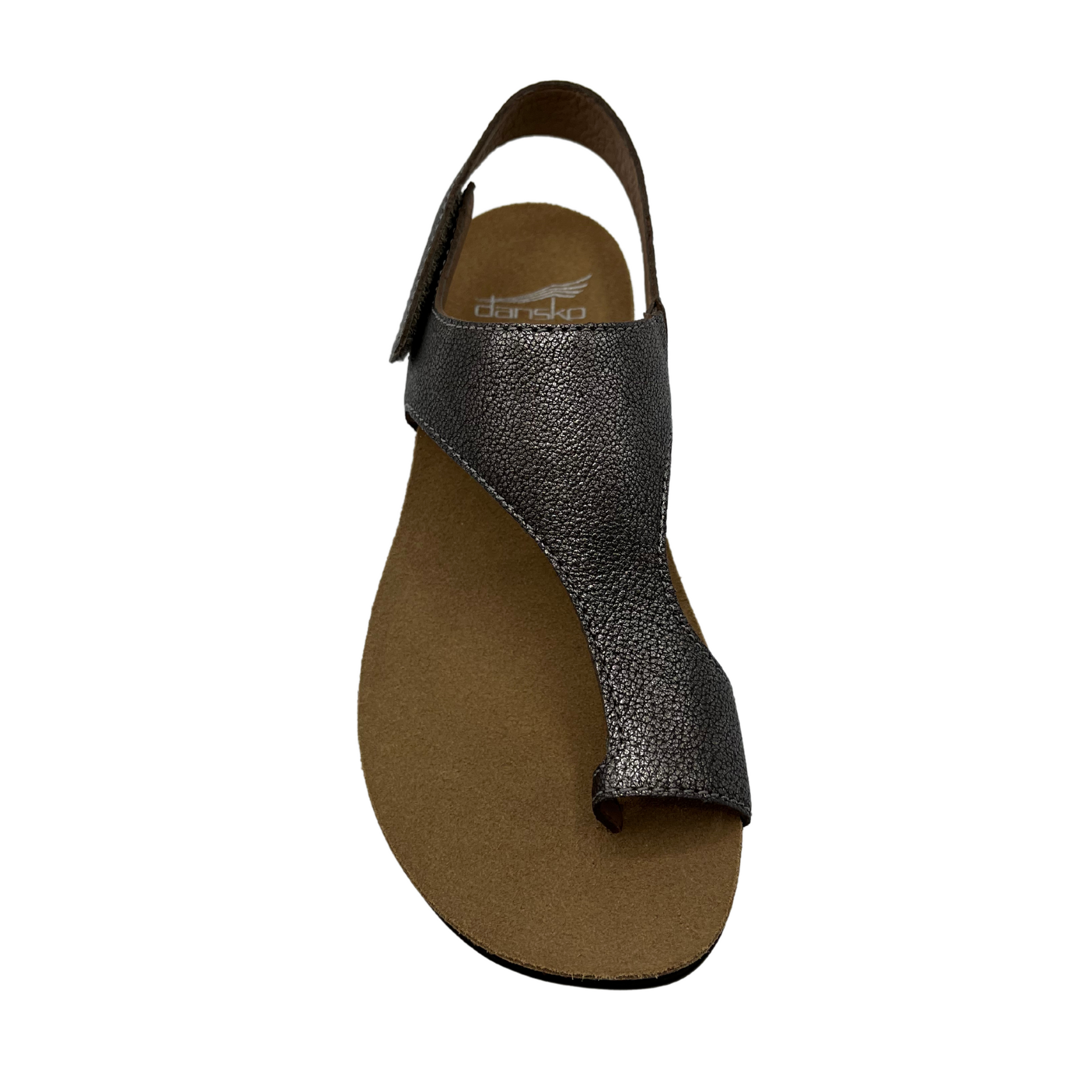 Top view of metallic pewter sandal with velcro ankle strap and thin toe strap