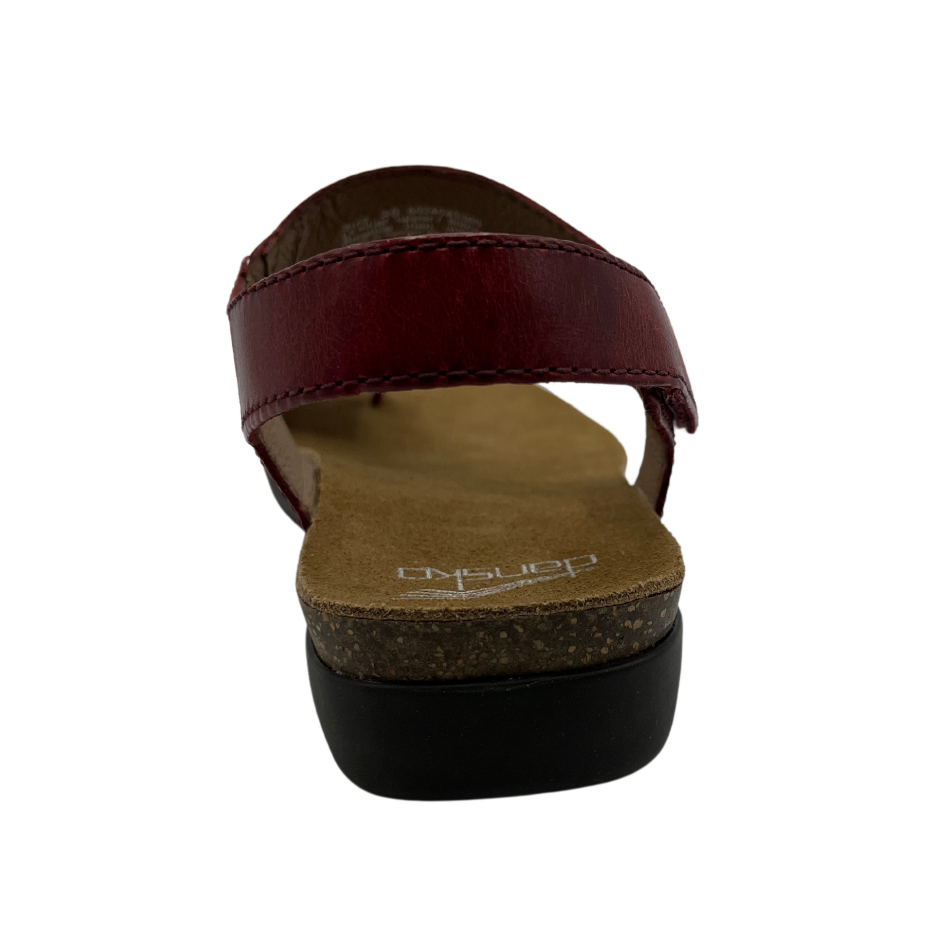 Back view of dark red leather sandal with velcro ankle strap and thin toe strap