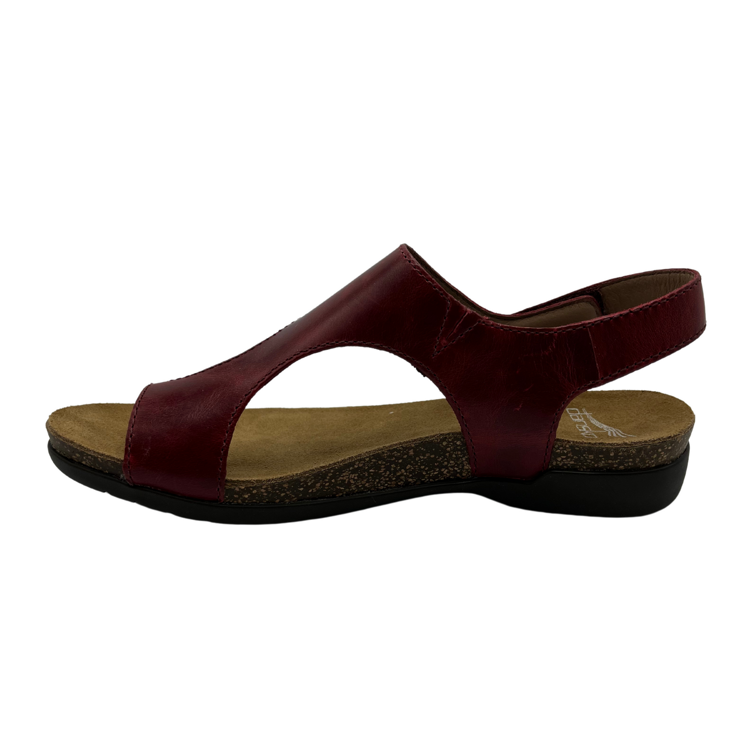 Left facing view of dark red leather sandal with velcro ankle strap and thin toe strap