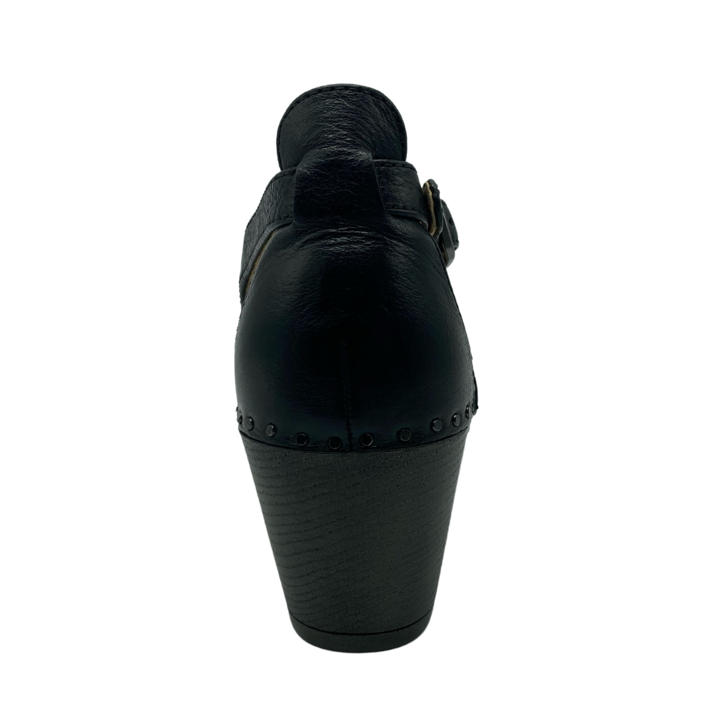 Heel view of black leather clog with grey brown chunky heel and ankle buckle