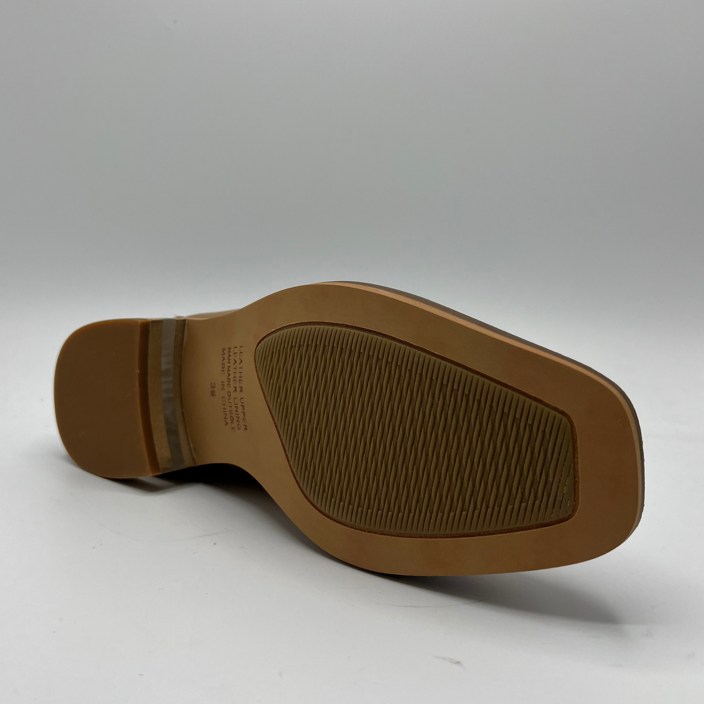 Bottom view of a tan leather loafer