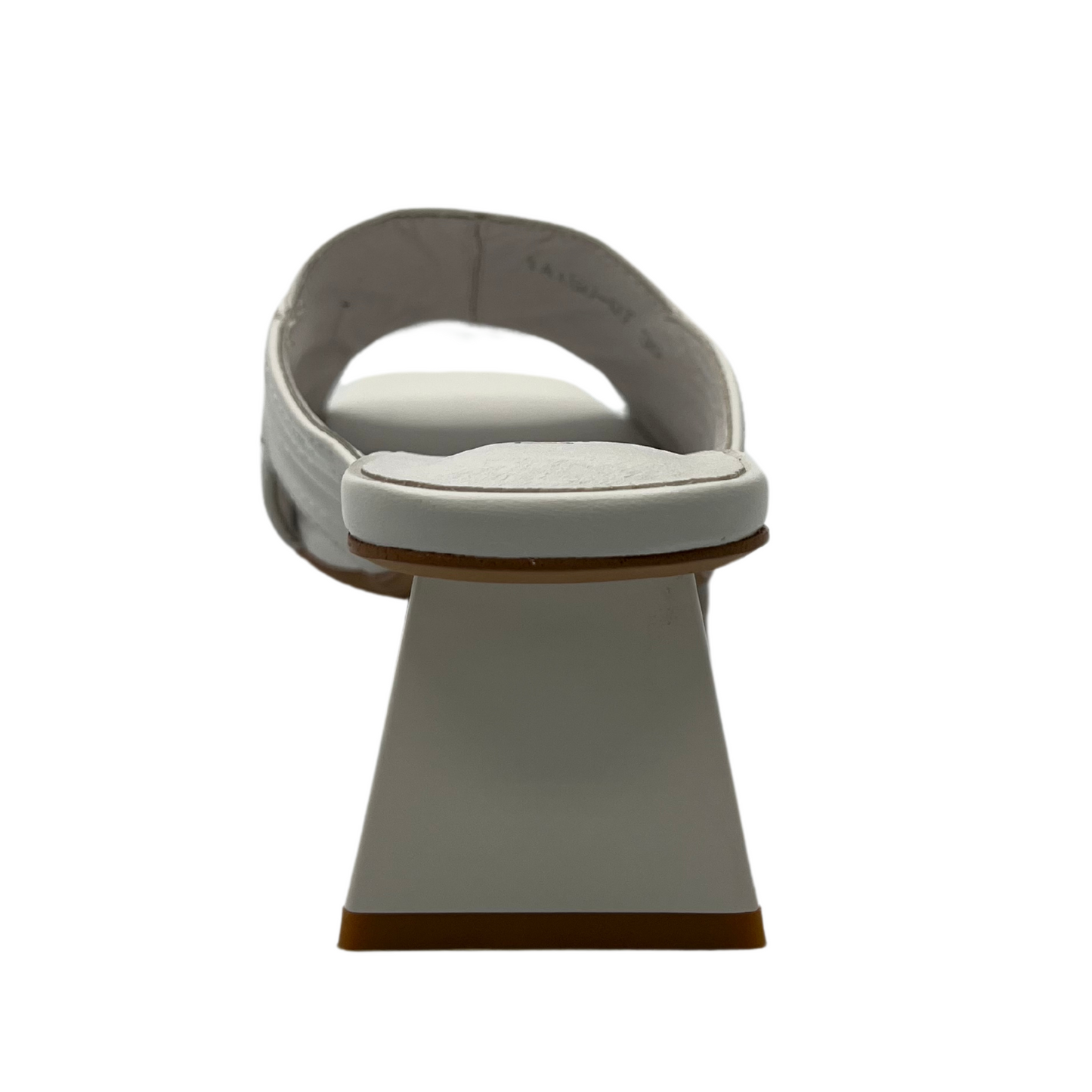 Back view of white leather sandal with triangular shaped heel
