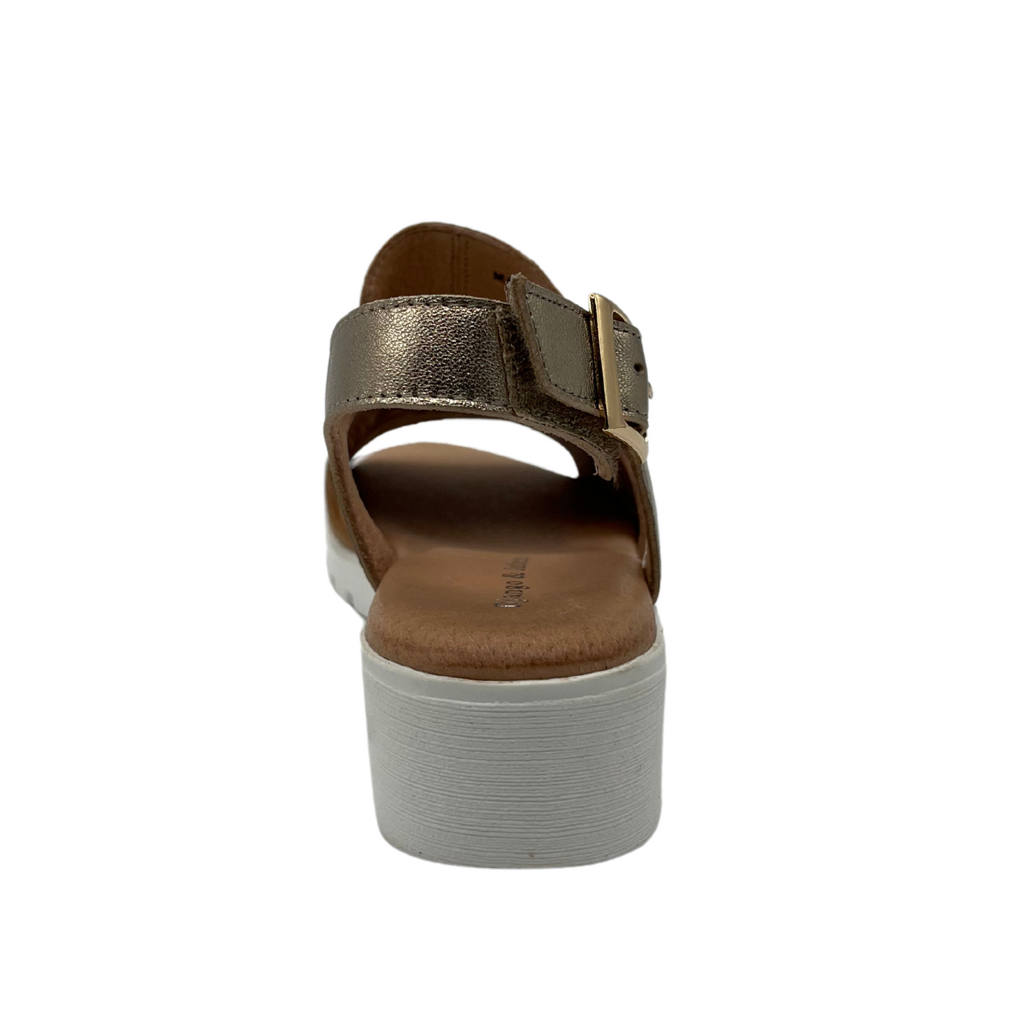Back view of brown leather low wedge sandal with gold slingback strap