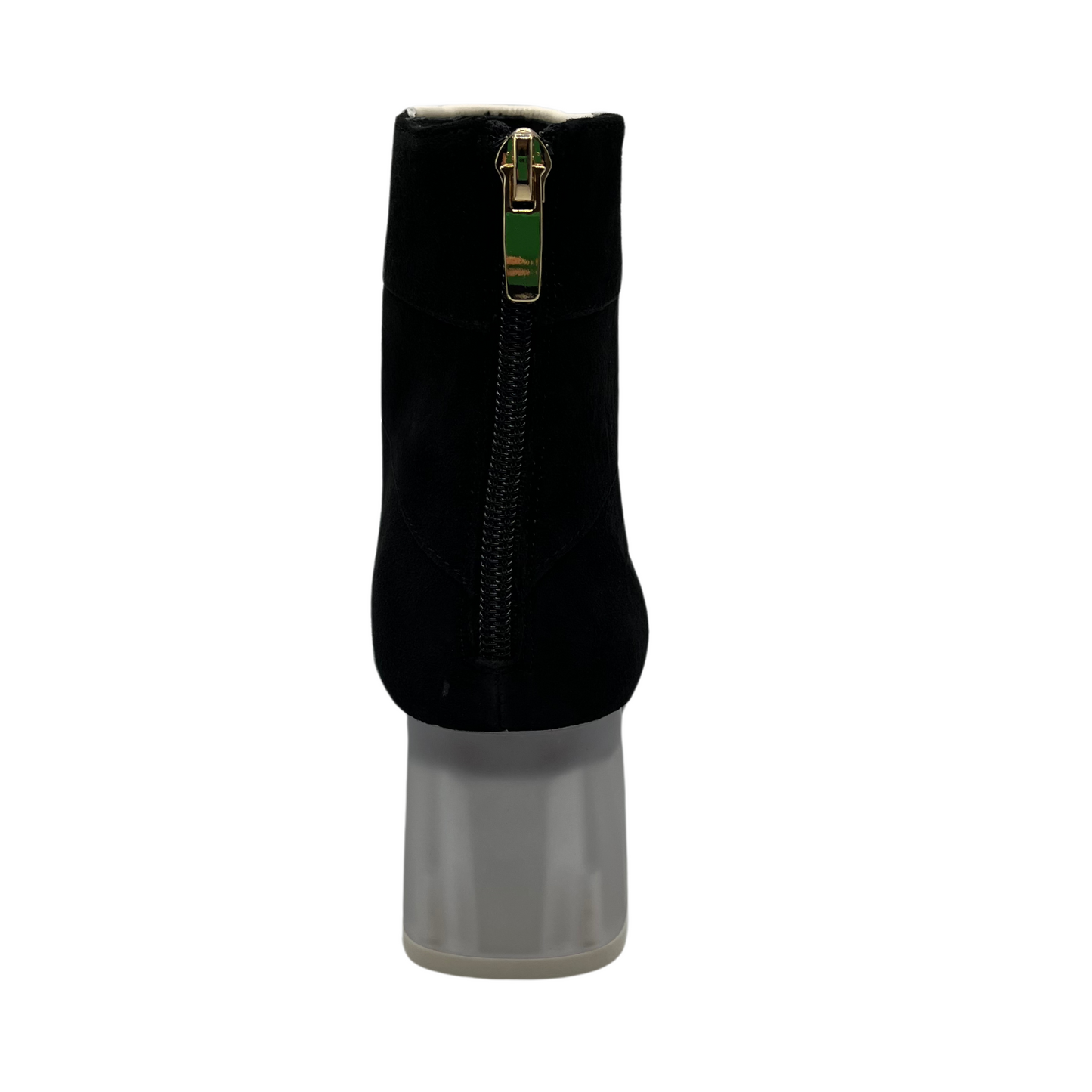 Back view of black and ivory short boot with translucent block heel, soft pointed toe and back zipper closure