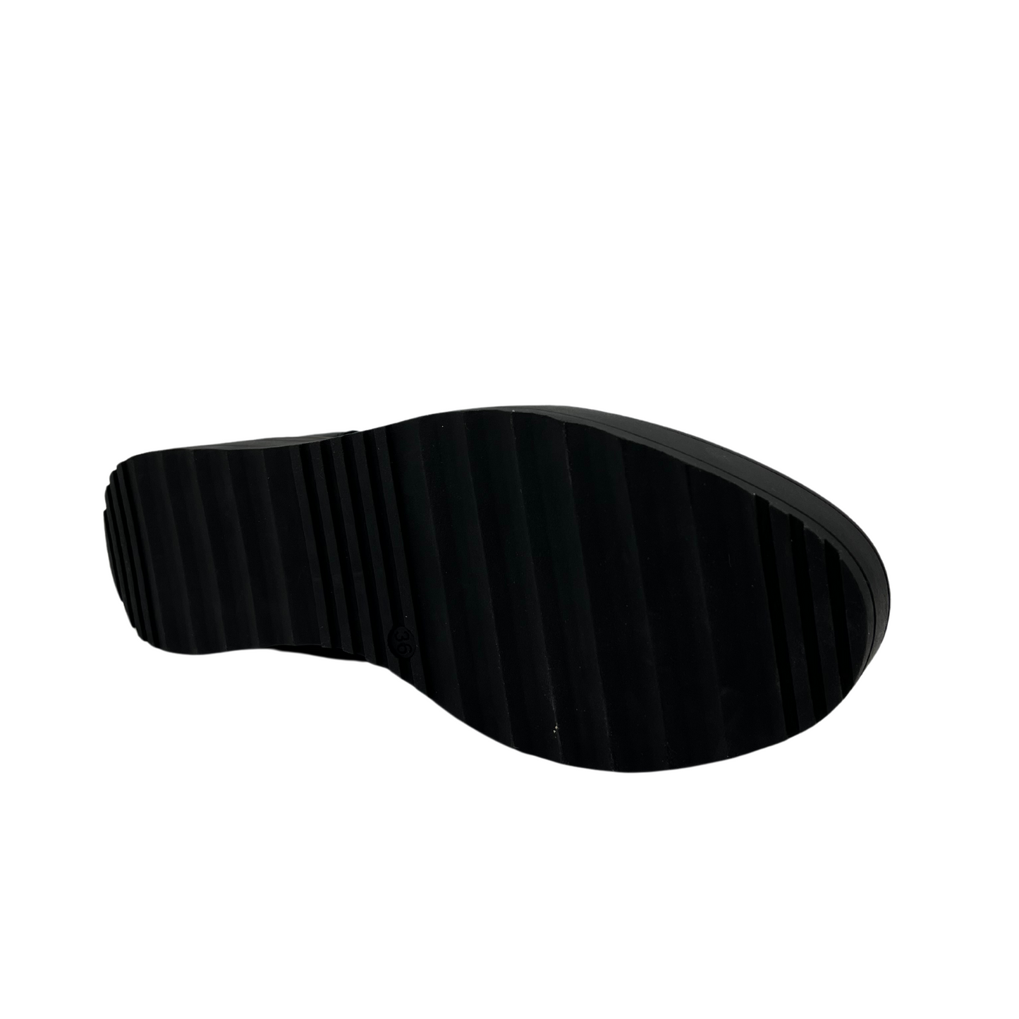 Bottom view of black leather short boot with black platform sole and double side zipper closures