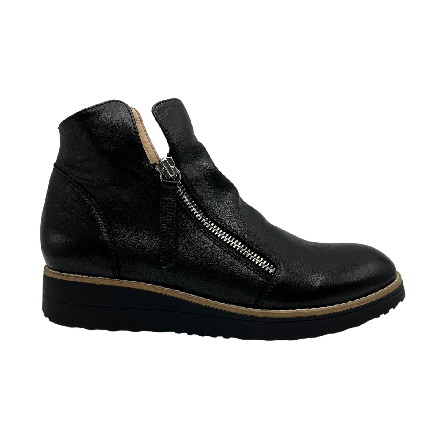 Right facing view of black leather short boot with double zipper closure, small wedge outsole and rounded toe