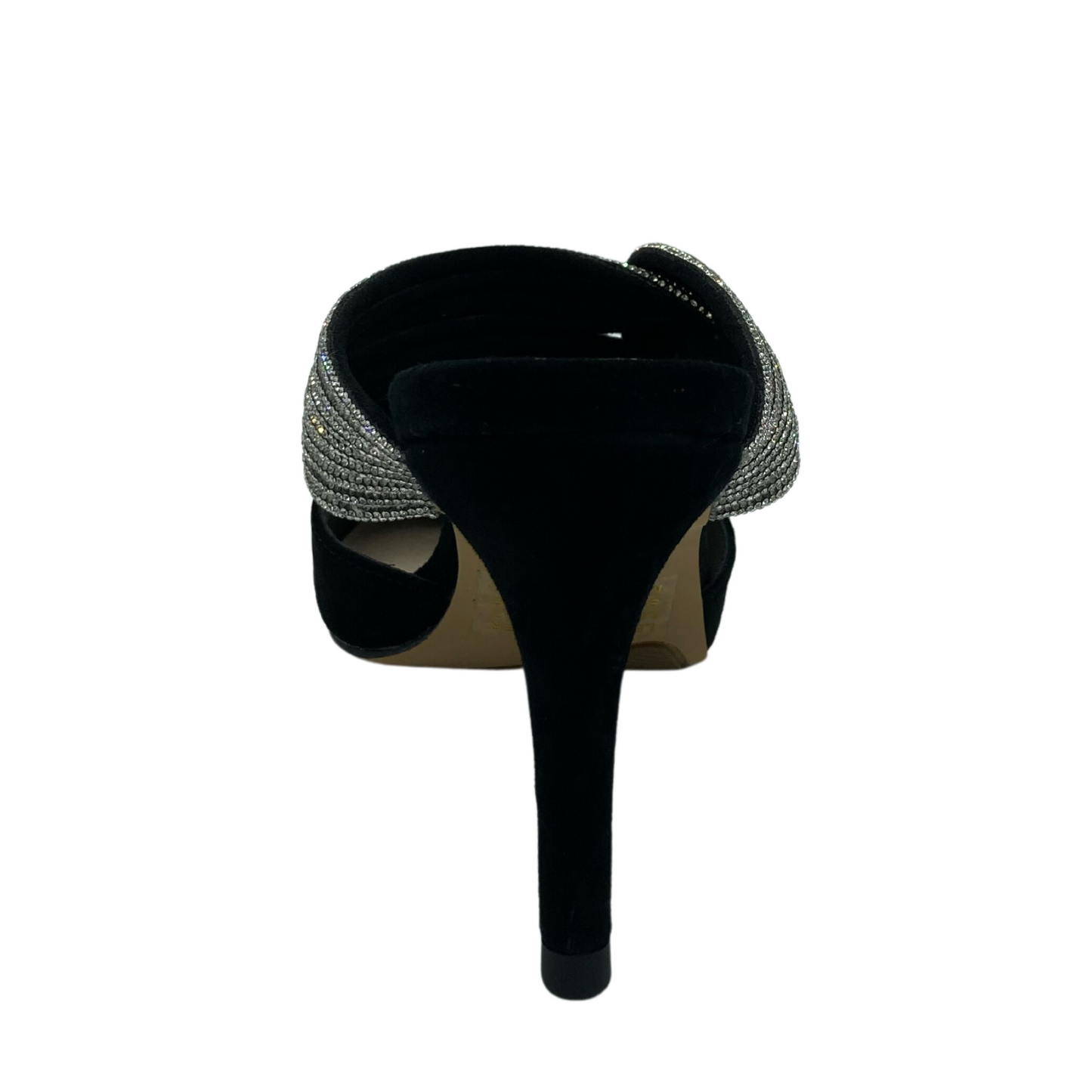 Hind view of black suede heel