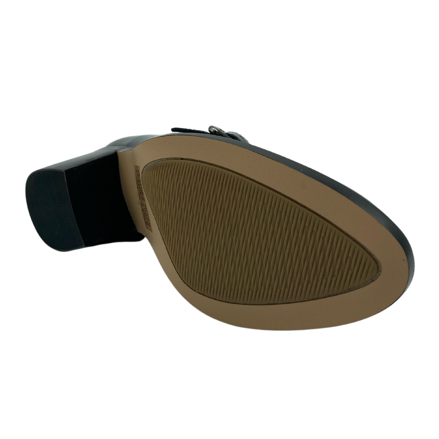 View of the bottom of block heeled loafer with brown rubber tread on sole