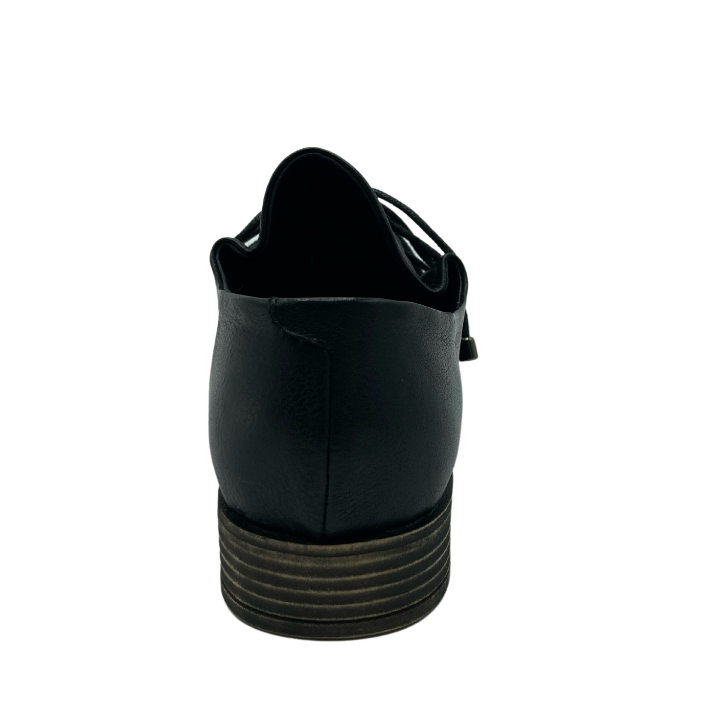 Heel view of the black leather shoe with grey brown sole