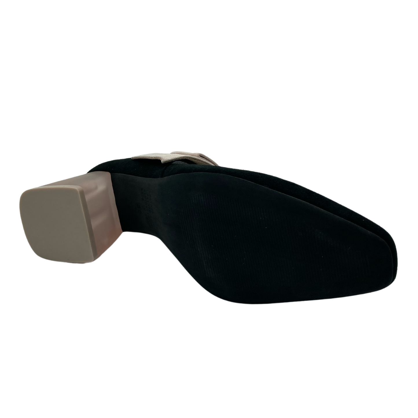Bottom view of mary jane with lucite block heel