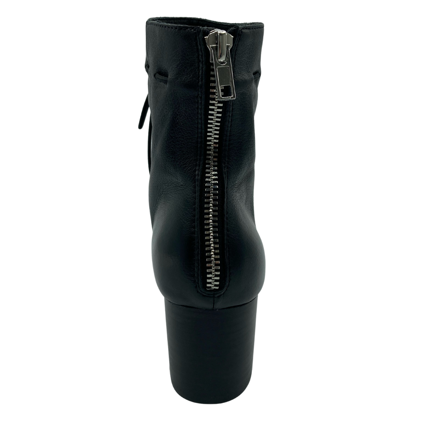 Heel view of back of black leather ankle boot with silver zipper closure from bottom to top of shaft