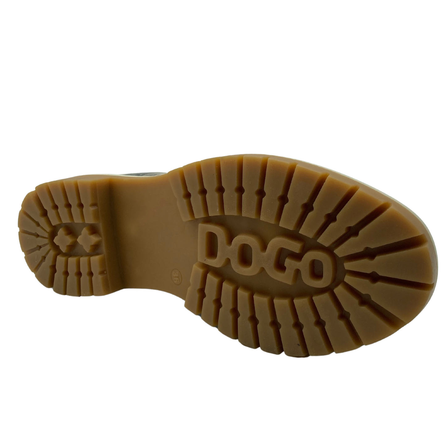 Bottom view of vegan leather ankle boot with light brown rubber outsole