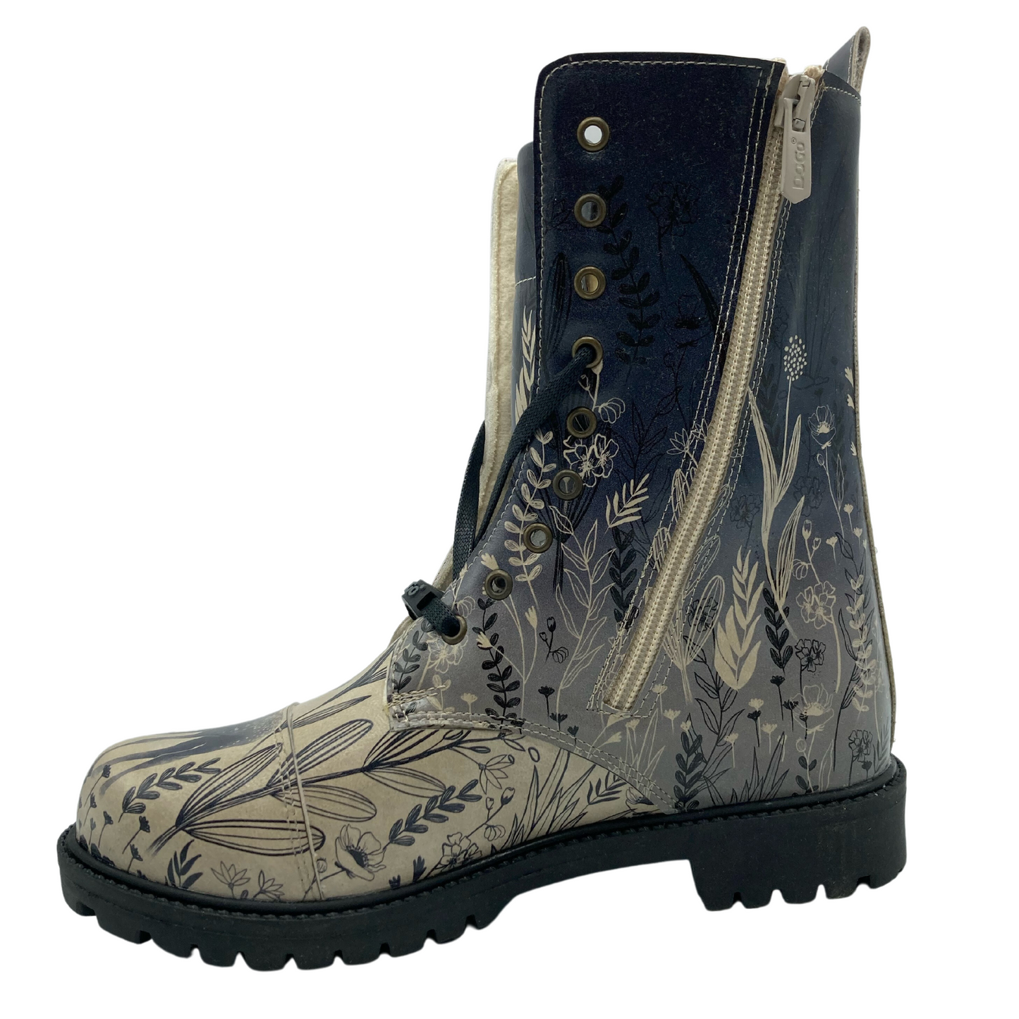 Left facing view vegan leather combat boot with side zipper closure and black outsole