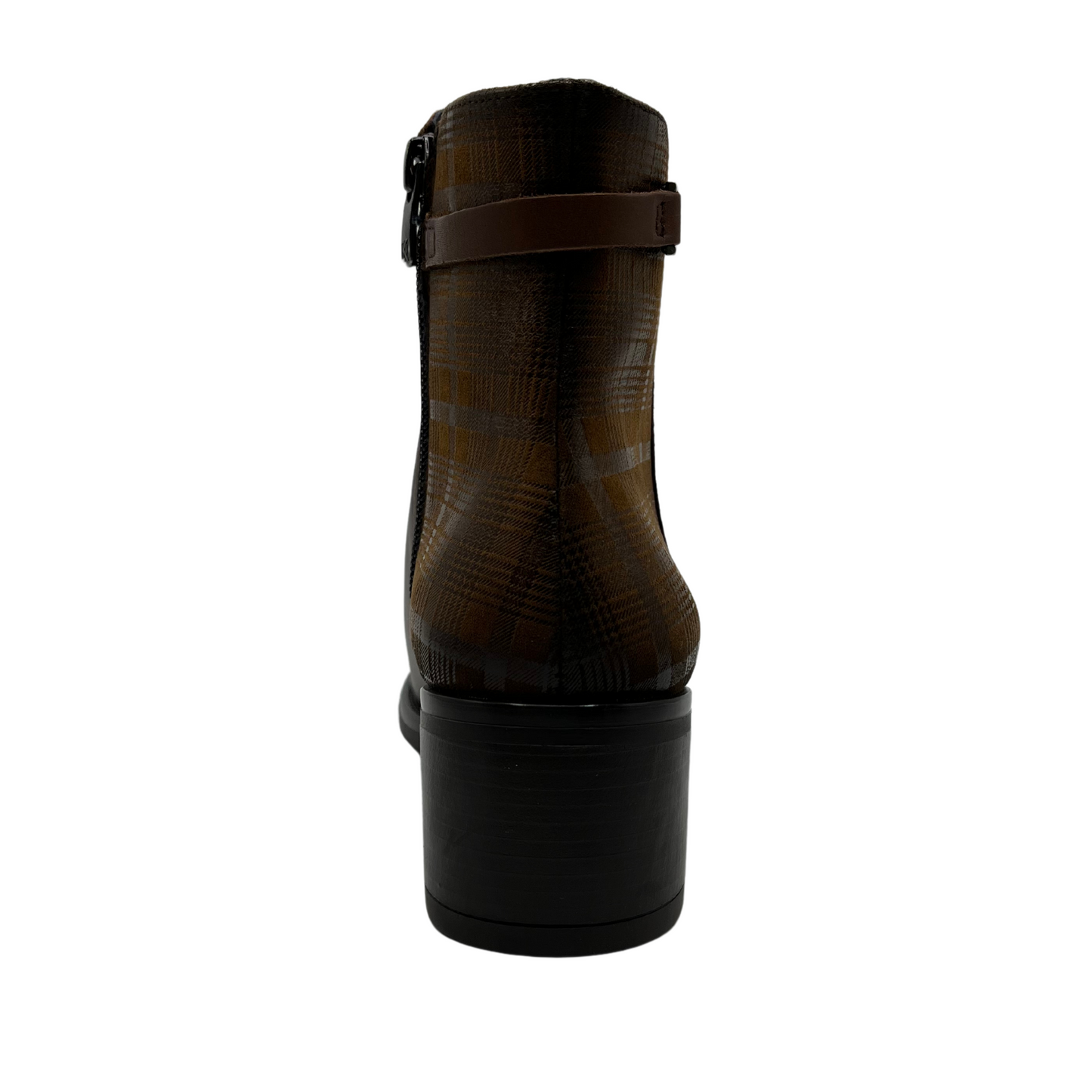 Back view of brown leather short boot with decorative ankle strap, short block heel and printed pattern on the ankle