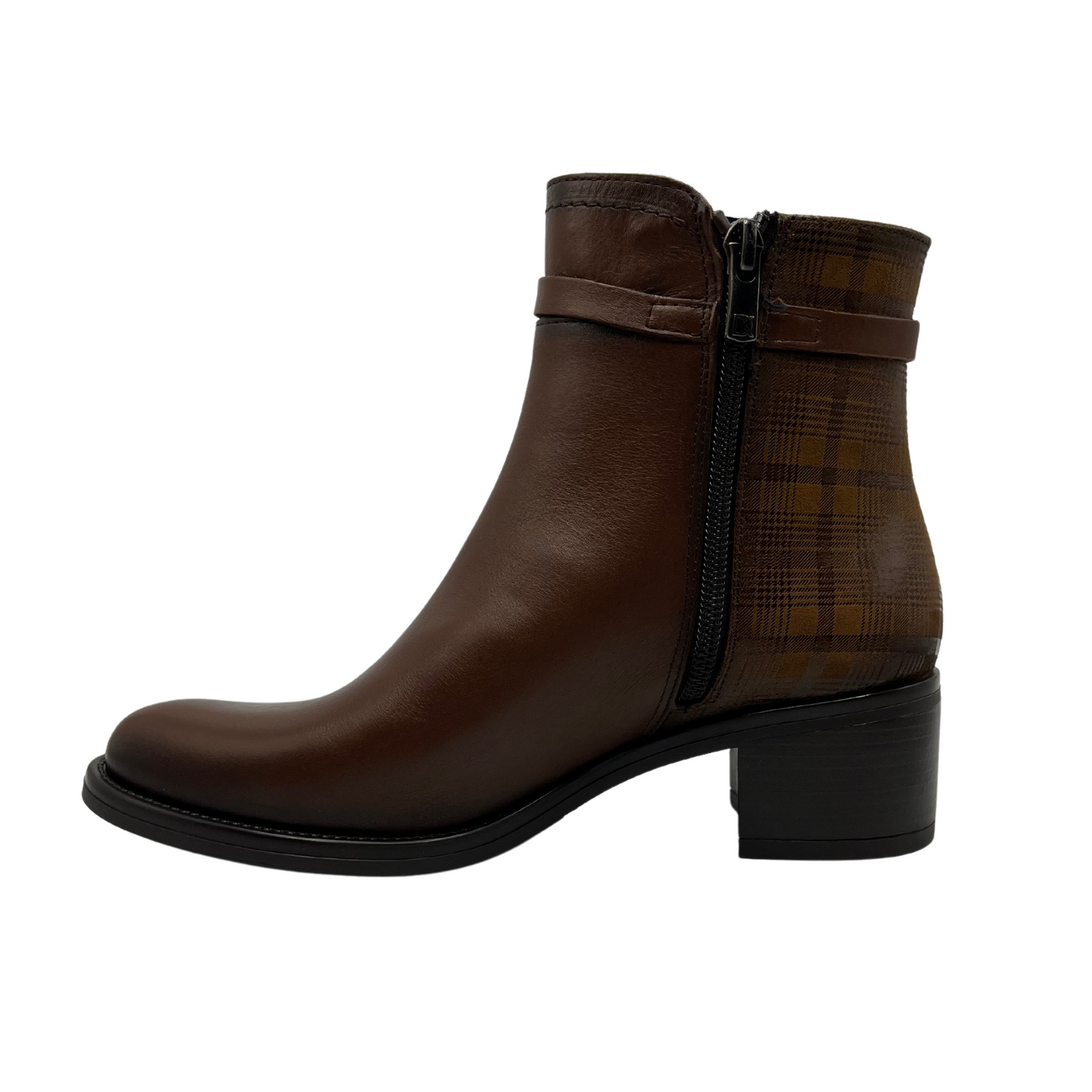 Left facing view of brown leather short boot with decorative ankle strap, short block heel and printed pattern on the ankle