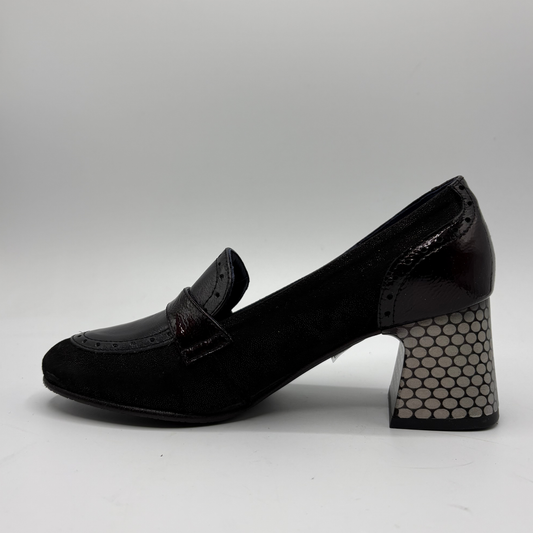 A single black suede and patent leather block-heel shoe with a honeycomb-patterned block heel, shown from a side profile on a light gray background.