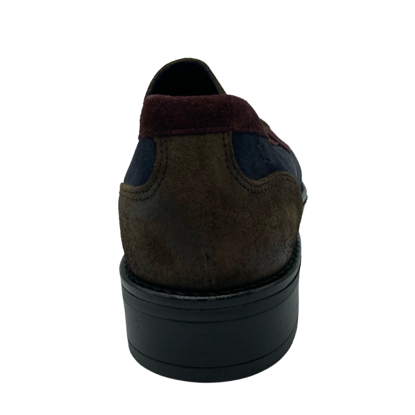 Back view of brown, red and blue suede loafer with black heel