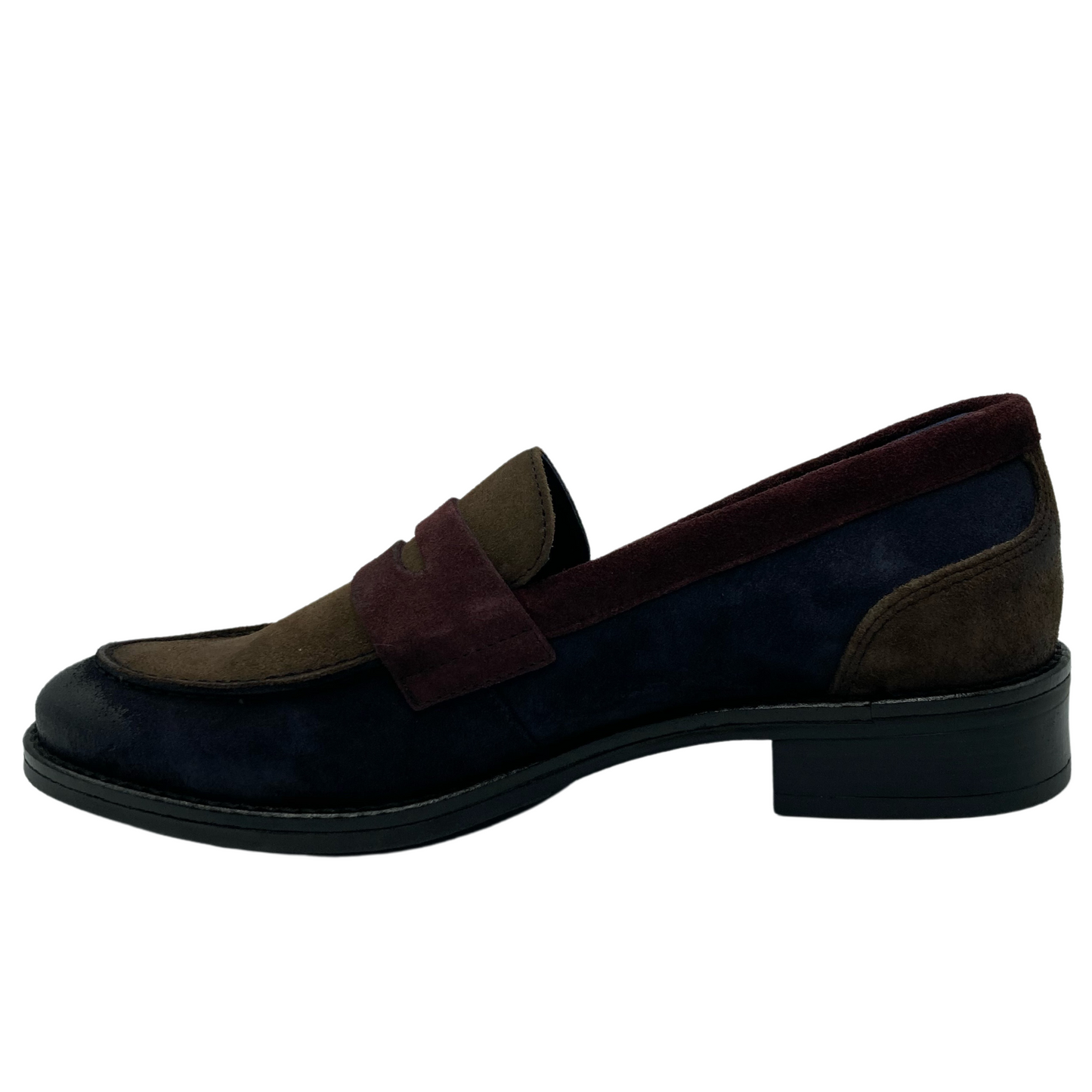 Left facing view of blue, maroon and brown suede loafer with black heel and sole
