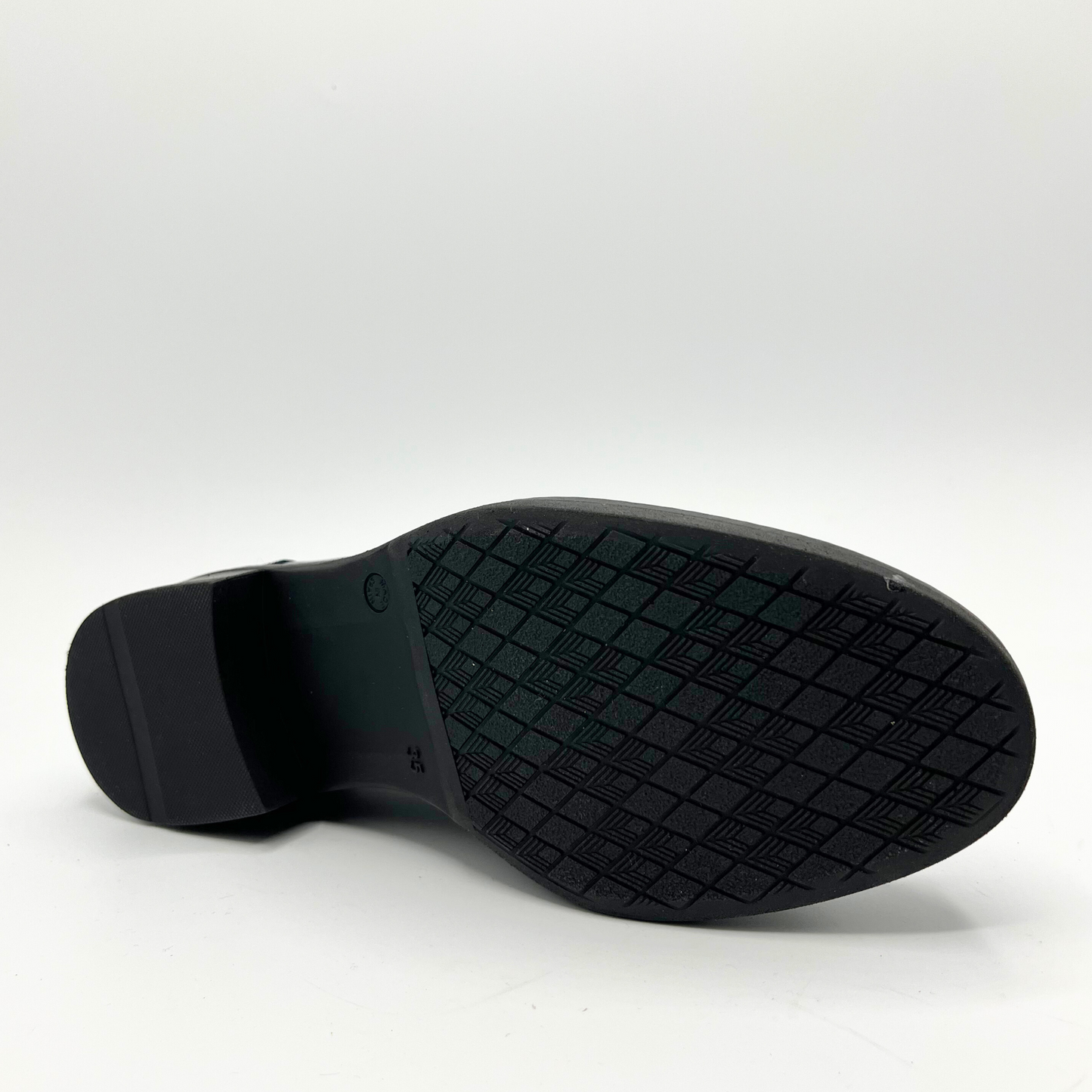 Black shoe sole with tread pattern on a white background