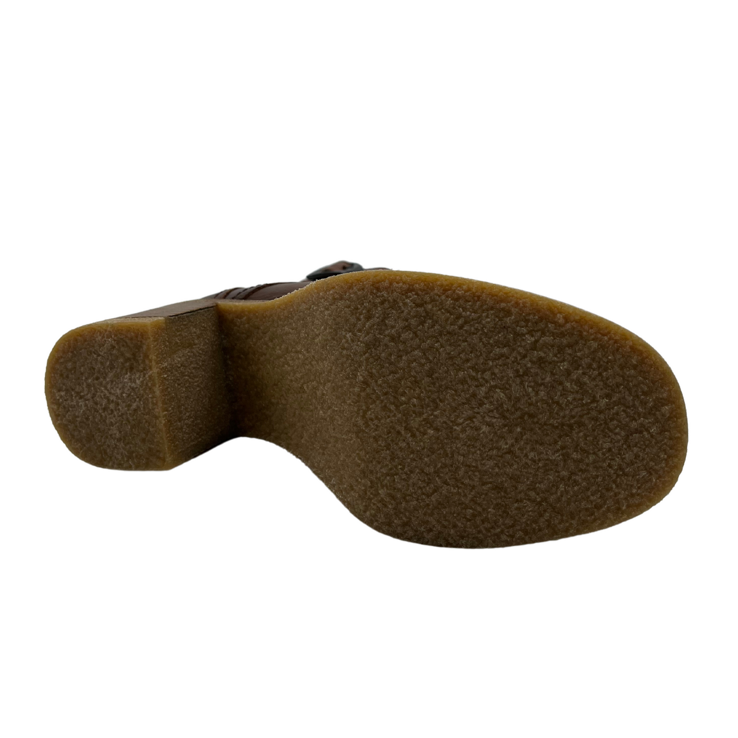 Bottom view of brown leather short boots with a chunky block heel, rounded toe and both lace up front with side zipper closure