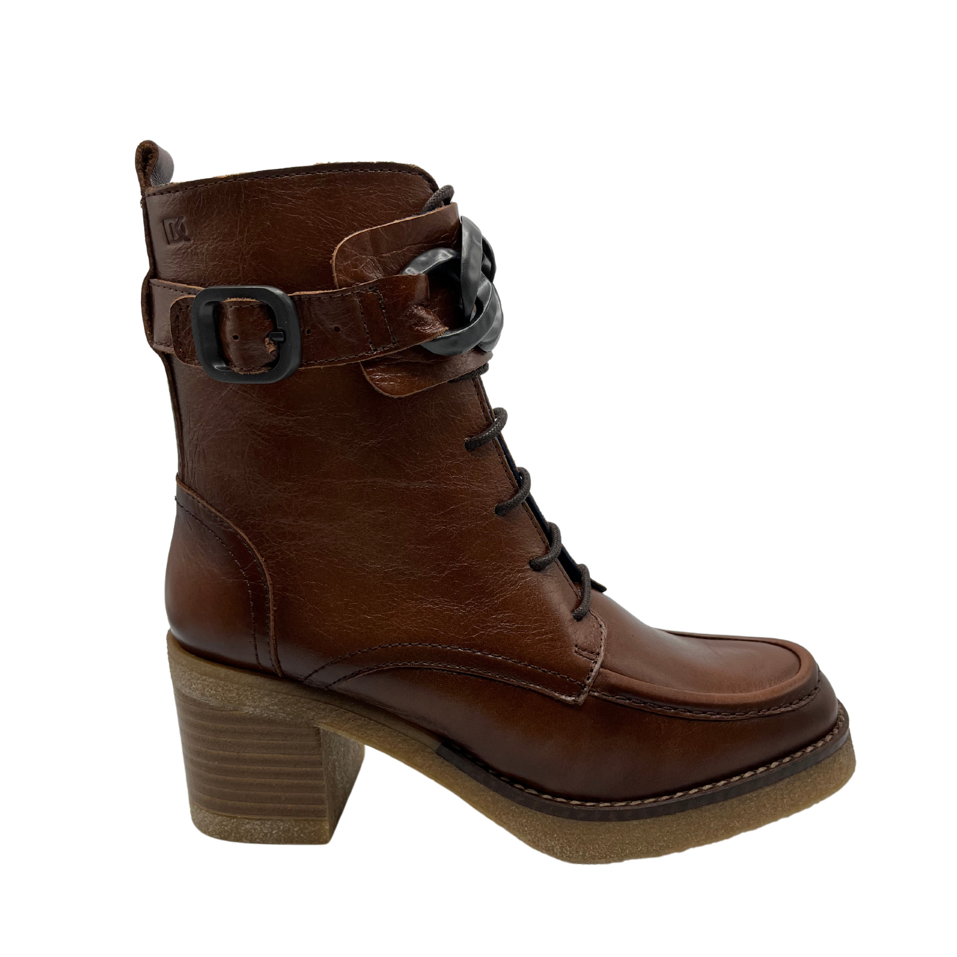 Right facing view of brown leather short boots with a chunky block heel, rounded toe and both lace up front with side zipper closure