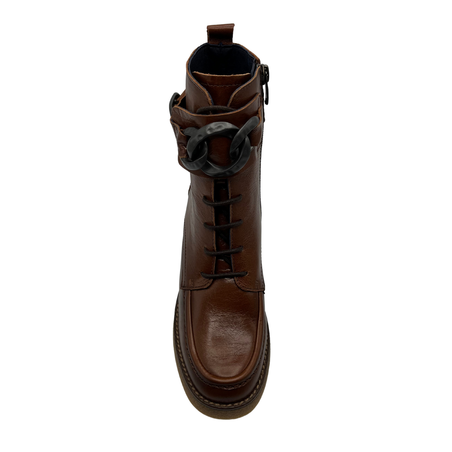 Top view of brown leather short boots with a chunky block heel, rounded toe and both lace up front with side zipper closure